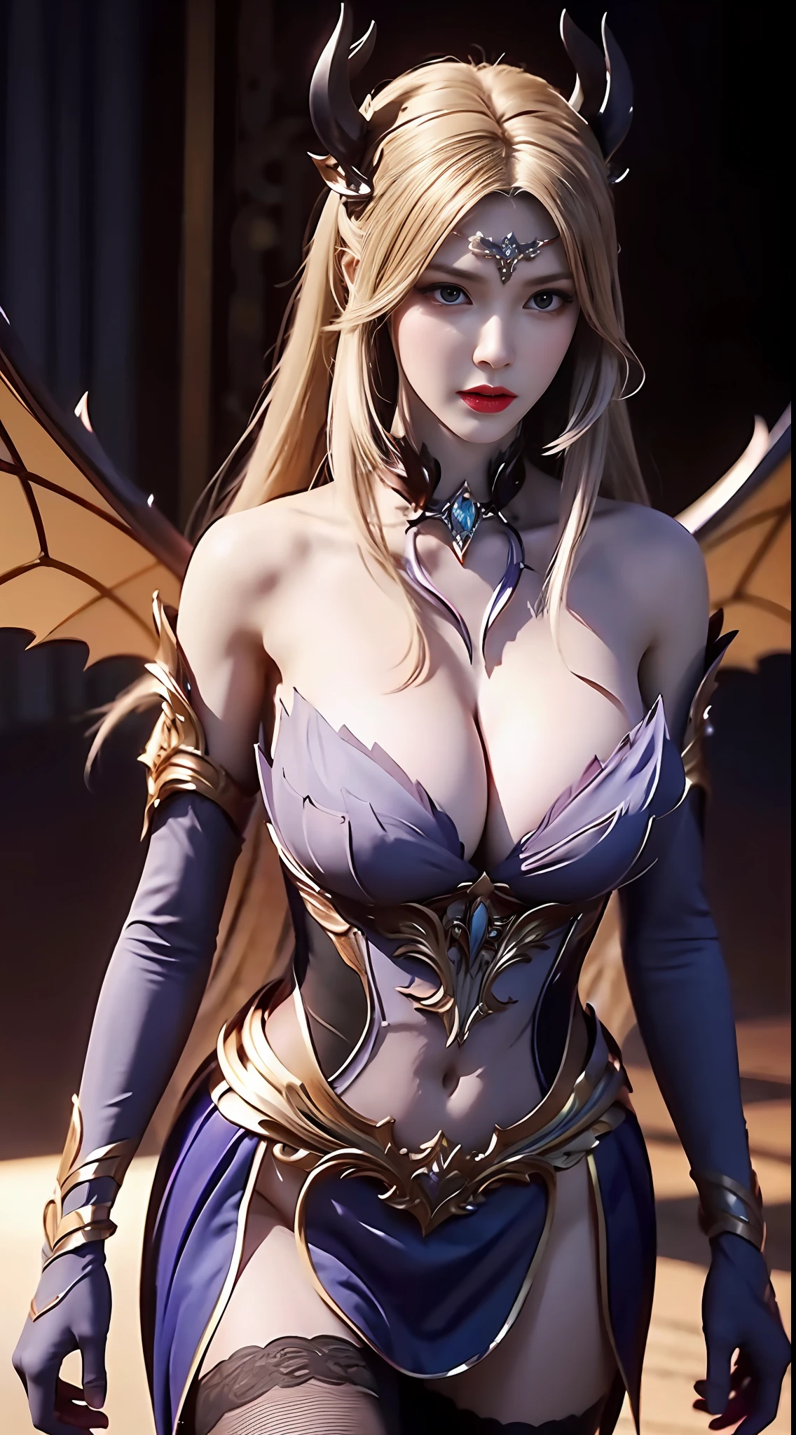 The girl Qiancheng Xue wears a short skirt，Devil Wings，Anime characters，metal decoration，huge tit，long leges，extreme hight detail，Complex structures，ultraclear，Hairstyle Random，Hair color random，Realistic skin，8K quality，SENSE OF CINEMA，Granular details