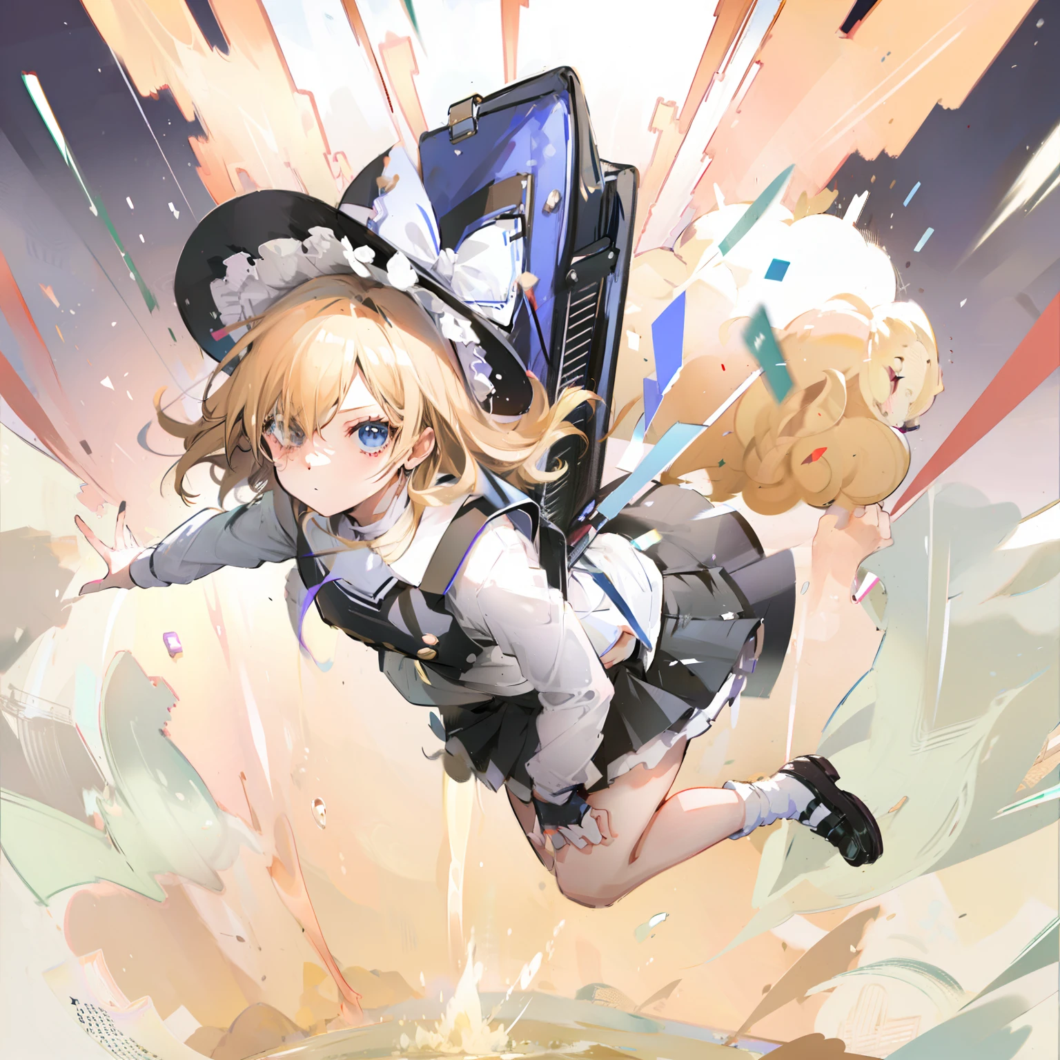 Cartoon of a woman holding a backpack in the air, 1girl in, Solo, Marisa Drizzle, School uniform, Just flat, The hair , Skirt, shoes, serafuku, sox, mary janes, White background, Simple background, alternate costume, Long sleeves, a blond, upper bod, Looking at Viewer, Long hair