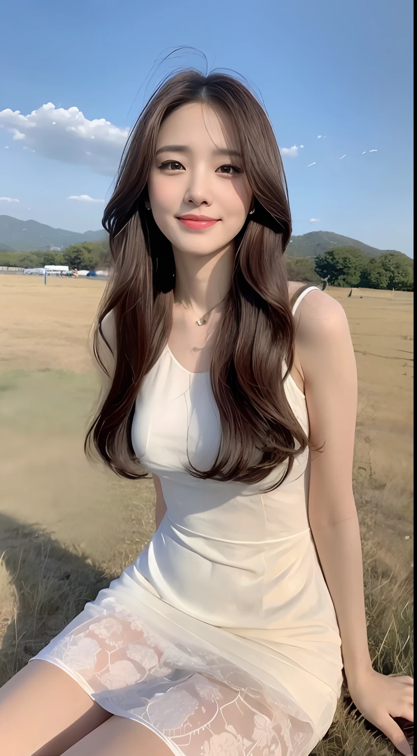 (1 Korean star with royal sister style), ((Best quality, 8K, 巨作: 1.3)), focal point: 1.2, Perfect body proportions: 1.4, (Make a smile), (Sunset: 1.3),  Watery eyes, Highly Detailed Face and Skin Textur, Fine eyes, Double eyelids, Whitens the skin, (long whitr hair, Air bangs: 1.3), (Round face inches: 1.5), (Dress 1.4), （Sketch 1:2，） （with blue sky and white clouds，Sitting on the Steppe）Change positions and sit half-sit