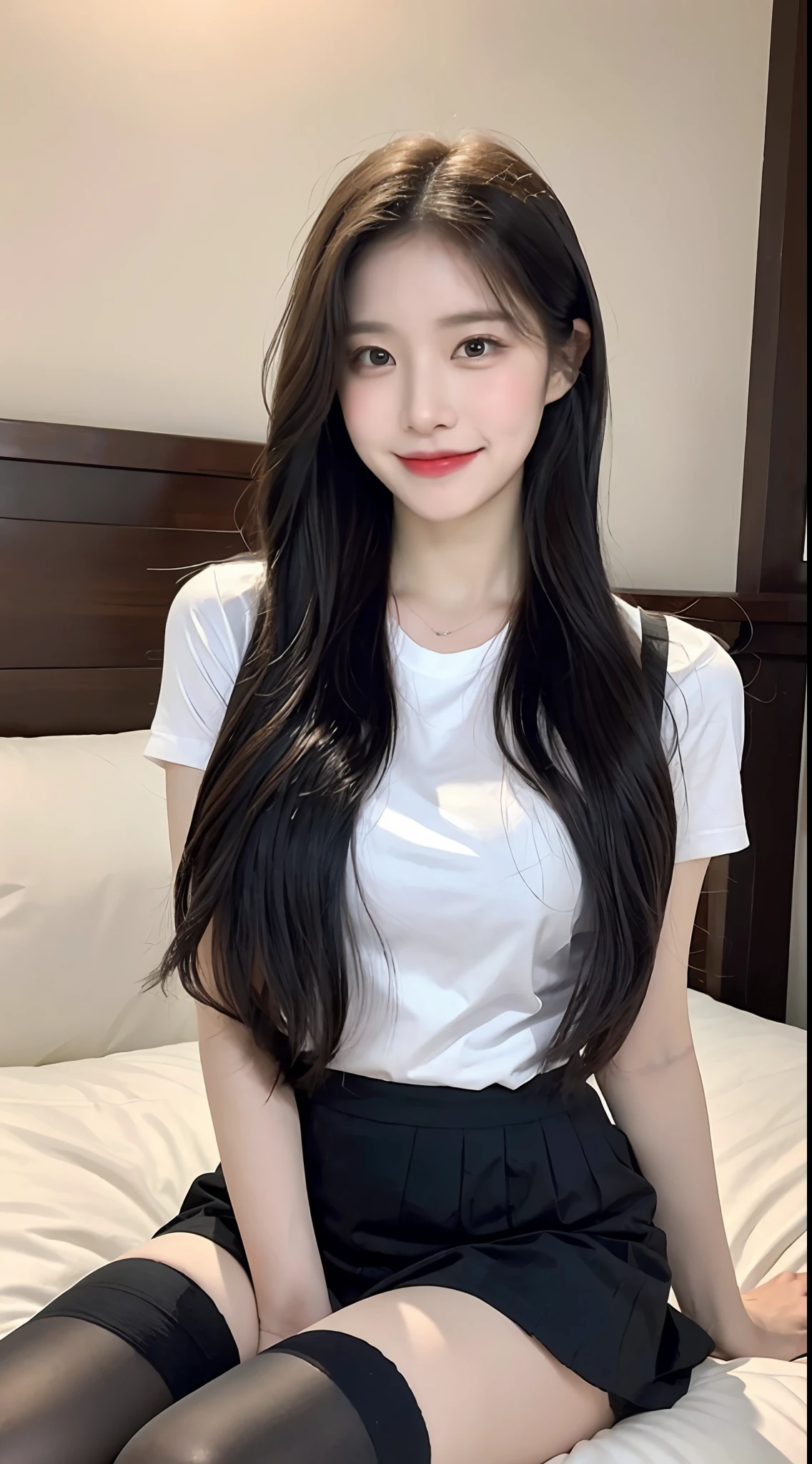 (1 Korean star with royal sister style), ((Best quality, 8K, 巨作: 1.3)), focal point: 1.2, Perfect body proportions: 1.4, (Make a smile), (Ray traching),Watery eyes, Highly Detailed Face and Skin Textur, Fine eyes, Double eyelids, Whitens the skin, (long whitr hair, Air bangs: 1.3), (face round: 1.5), (Student uniform JK1.4), (duck sitting,sit on a bed: 1.6),(black lence stockings: 1.4),(film grain style:1.3),a sense of atmosphere