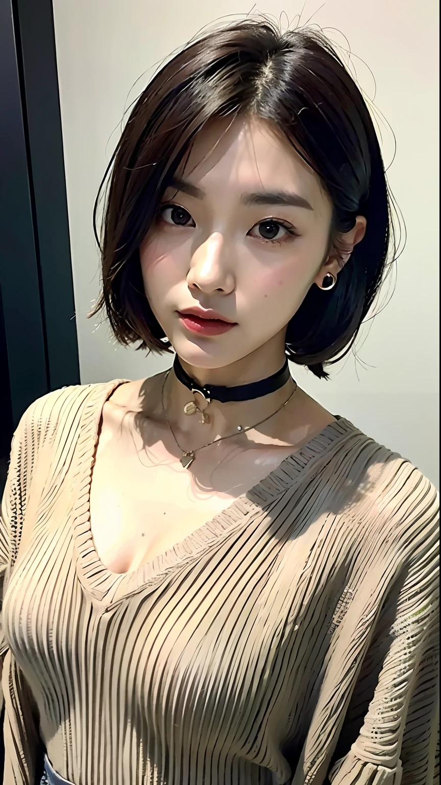 (best qualtiy,8k,32k,tmasterpiece,UHD:1.2),Beautiful Japanese woman in the photo,inside a room,Short Bob Hair,The upper part of the body,sface focus,Oversized sweater,choker necklace,simple backgound,Look down from above,facing to audience,wearing kimonos。
