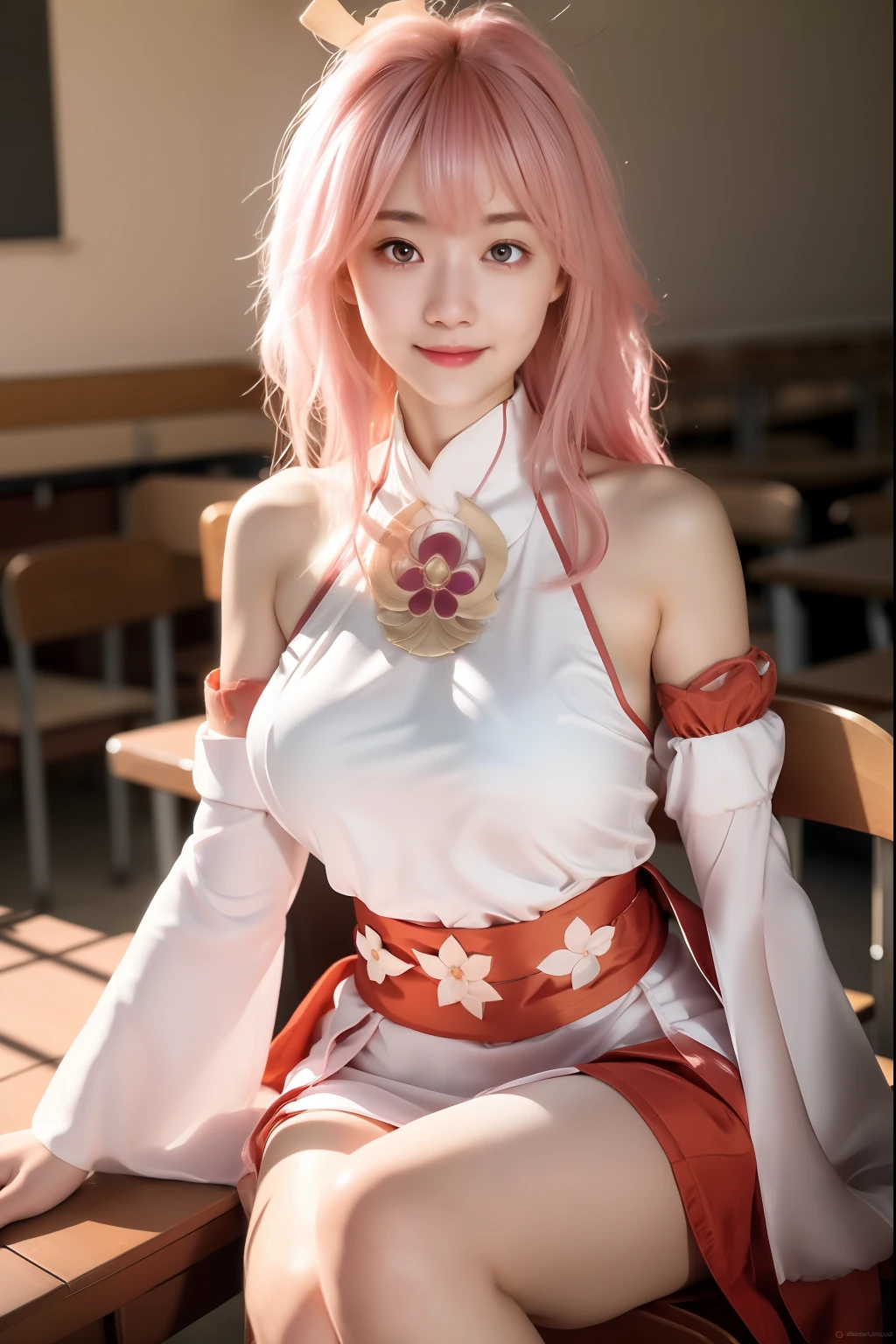 yae_miko, 1girl, bare_shoulders, breasts, detached_sleeves, jewelry, lips, long_hair, long_sleeves, looking_at_viewer, pink_hair, sash, sitting, solo, wide_sleeves,
Charming eyes, smile,
Sitting on the chair, sunlight, Autumn,
masterpiece, best quality,
RAW photo, 8k, 4k, (intricate details:1.0), (ultra detailed:1.0), (depth of field:1.0), (blurry background:1.0), (classroom:1.1), (spotlight effect:1.0), (light from the front:1.0), (fair skin:1.0), (super detailed skin:1.0), (clear translucent skin:1.0), (perfect body:1.0), (skinny,:1.0), (curvy body:1.0), (face:1.0), (sensual:1.0),