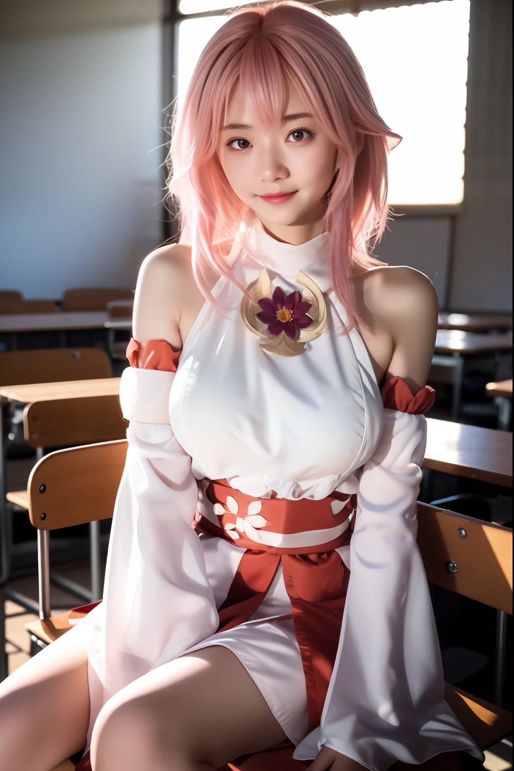 yae_miko, 1girl, bare_shoulders, breasts, detached_sleeves, jewelry, lips, long_hair, long_sleeves, looking_at_viewer, pink_hair, sash, sitting, solo, wide_sleeves,
Charming eyes, smile,
Sitting on the chair, sunlight, Autumn,
masterpiece, best quality,
RAW photo, 8k, 4k, (intricate details:1.0), (ultra detailed:1.0), (depth of field:1.0), (blurry background:1.0), (classroom:1.1), (spotlight effect:1.0), (light from the front:1.0), (fair skin:1.0), (super detailed skin:1.0), (clear translucent skin:1.0), (perfect body:1.0), (skinny,:1.0), (curvy body:1.0), (face:1.0), (sensual:1.0),