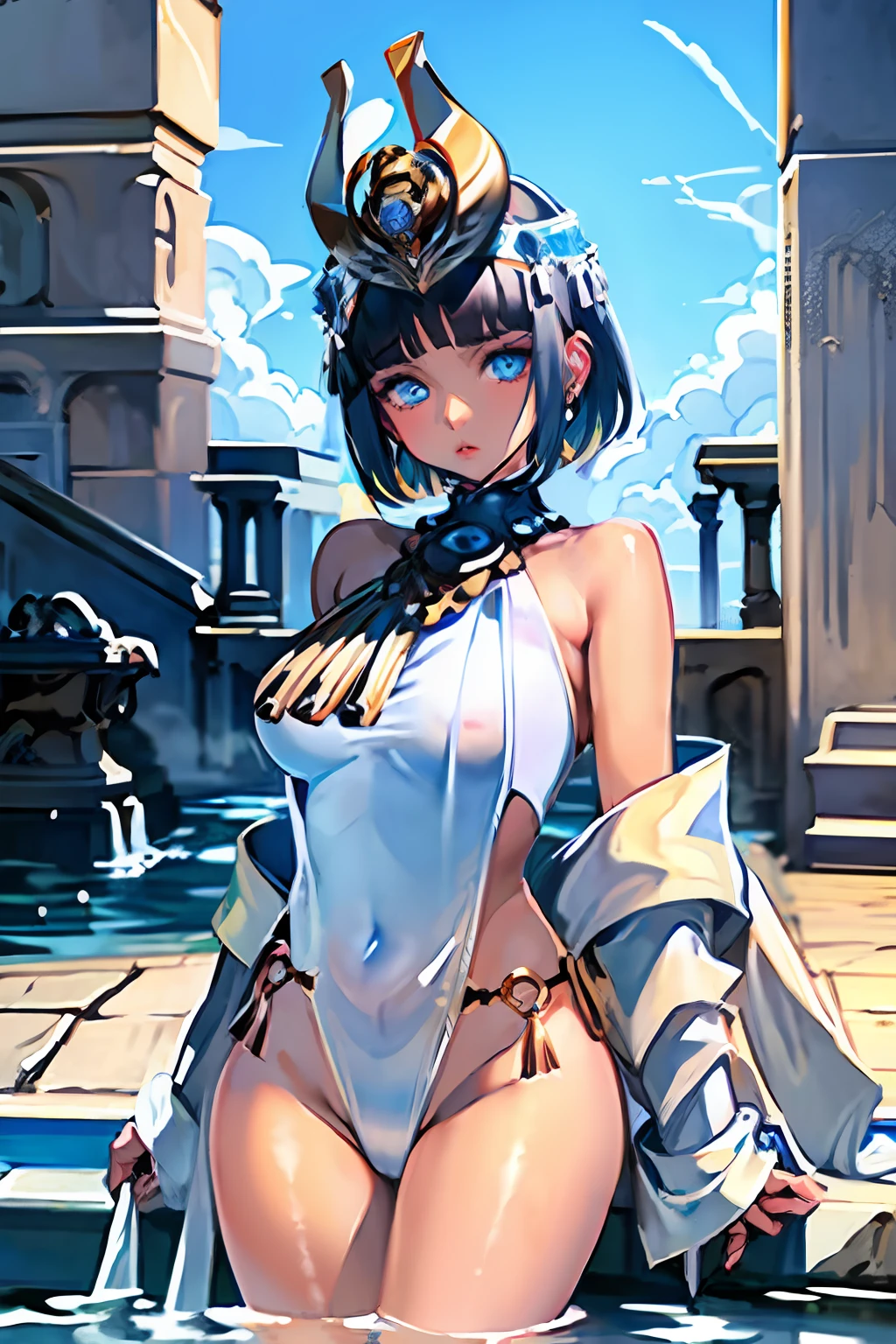 (masterpiece:1.2), (best quality:1.2)
 (thick thigh),

(looking at viewer:1.3),

(emotionless:1.0)
energetic

evocative pose
in swim pool

ancient_princess_menace, jewelry, blue eyes, earrings, revealing clothes, short hair, crown, blunt bangs, dark skin