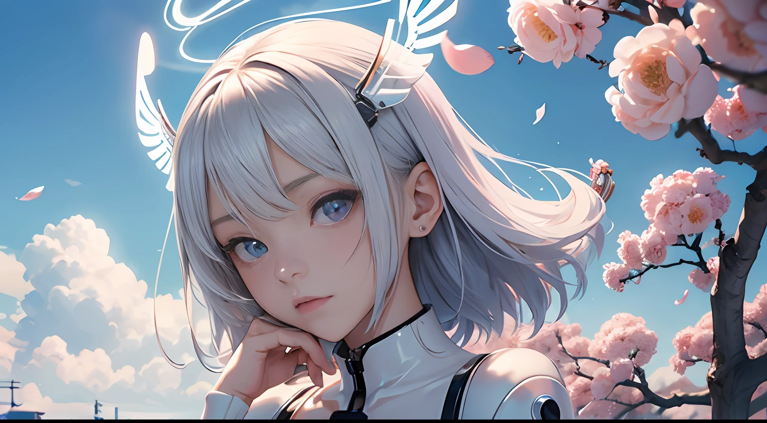 (Best Quality: 1.6), (masutepiece: 1.4), intricate detailes, (Cute gorgeous gorgeous 20 year old Japan girl: 1.3), (1 girl: 1.3), (Detailed sky: 1.2), (Wearing a white latex bodysuit: 1.3), Angel, Angel Wings, (Cybernetic halo: 1.3), (small head: 1.4), (huge-breasted: 1.2), Odd Eyes, Detailed eyes, Multiple eyes, Falling petals