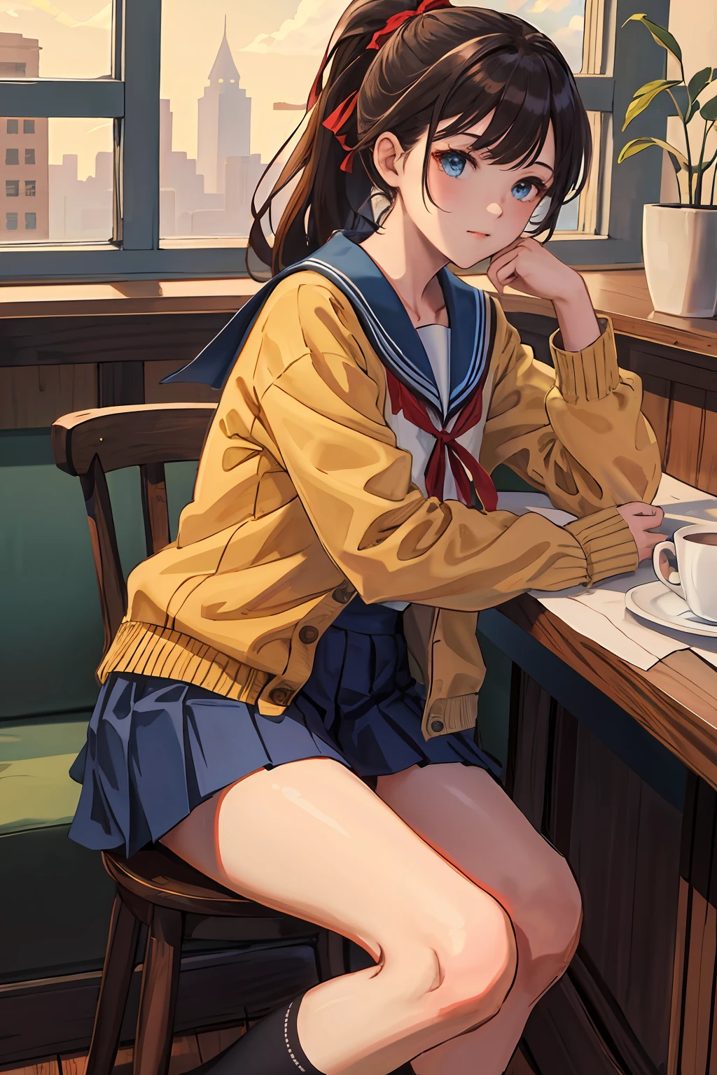 (highres, best quality:1.2), radiance, soft contours, beautiful drawing, masterpiece, best quality, highres, 1girl, ponytail, blue sailor collar, long sleeves, open cardigan, serafuku, blue skirt, brown cardigan, red ribbon, long hair,  black socks with cats, cowboy shot, sitting, cafe,