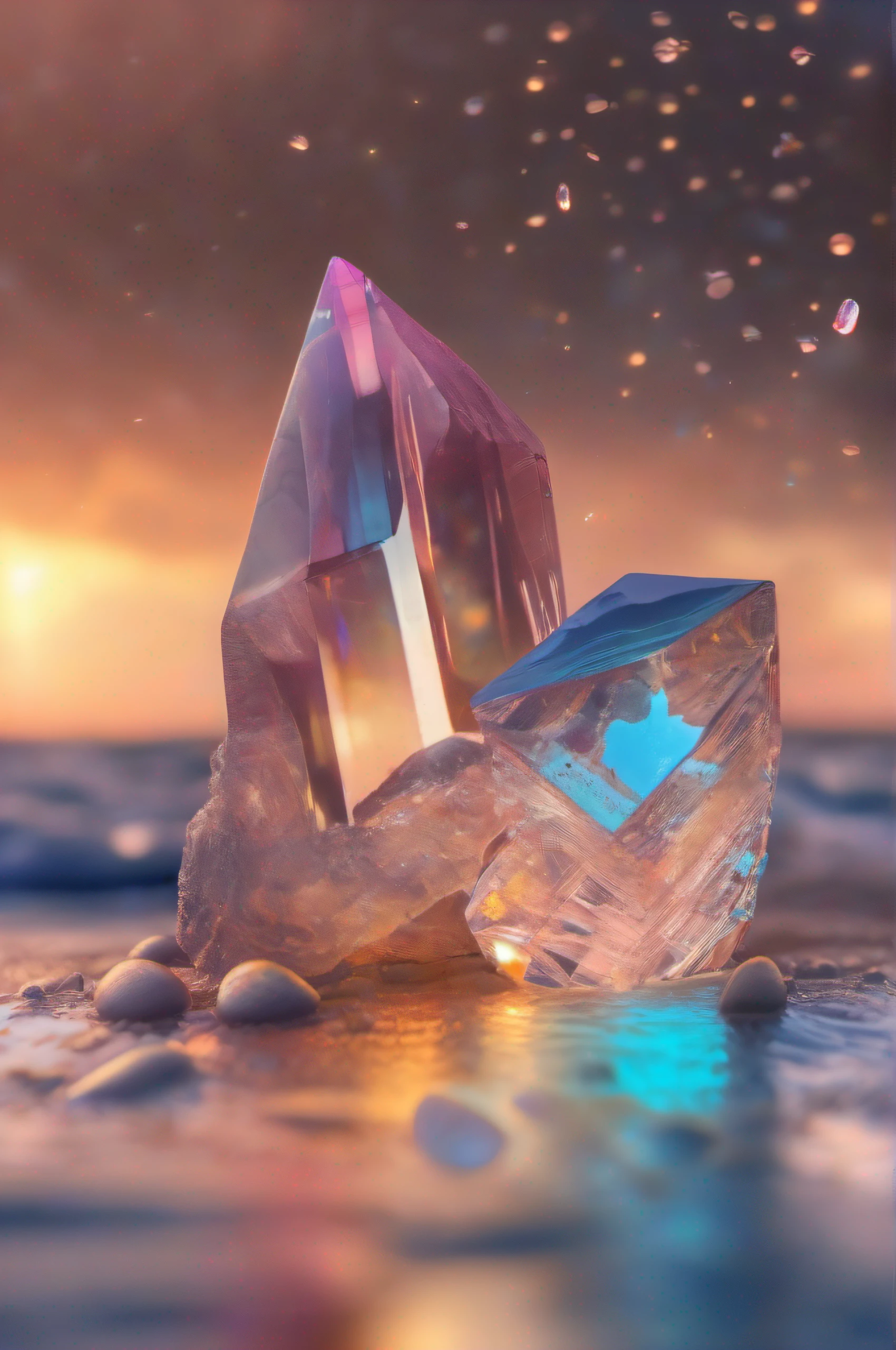 (8k wallpaper, RAW photo, Photorealistic:1.25) ,( glossy side,, Best quality, Super high resolution, Depth of field, color difference, Caustics, Special light) ,Iridescent color style,(dreamy and romantic compositions:1.5),Bright style,rainbowing,Crystal clear stone,sandbeach,with light glowing,rays of sunshine,