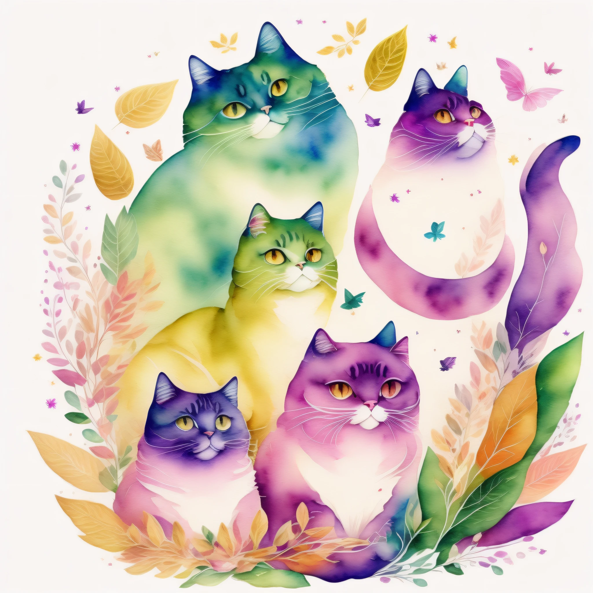 watercolor paiting、Cats and stars、rzminjourney、vector-art、white backgrounid、central、pink there, Yellow and purple、verdant、springtime、Beautiful fece、Beautiful、Attracted by the wind、Leaves flutter、Swirling leaves