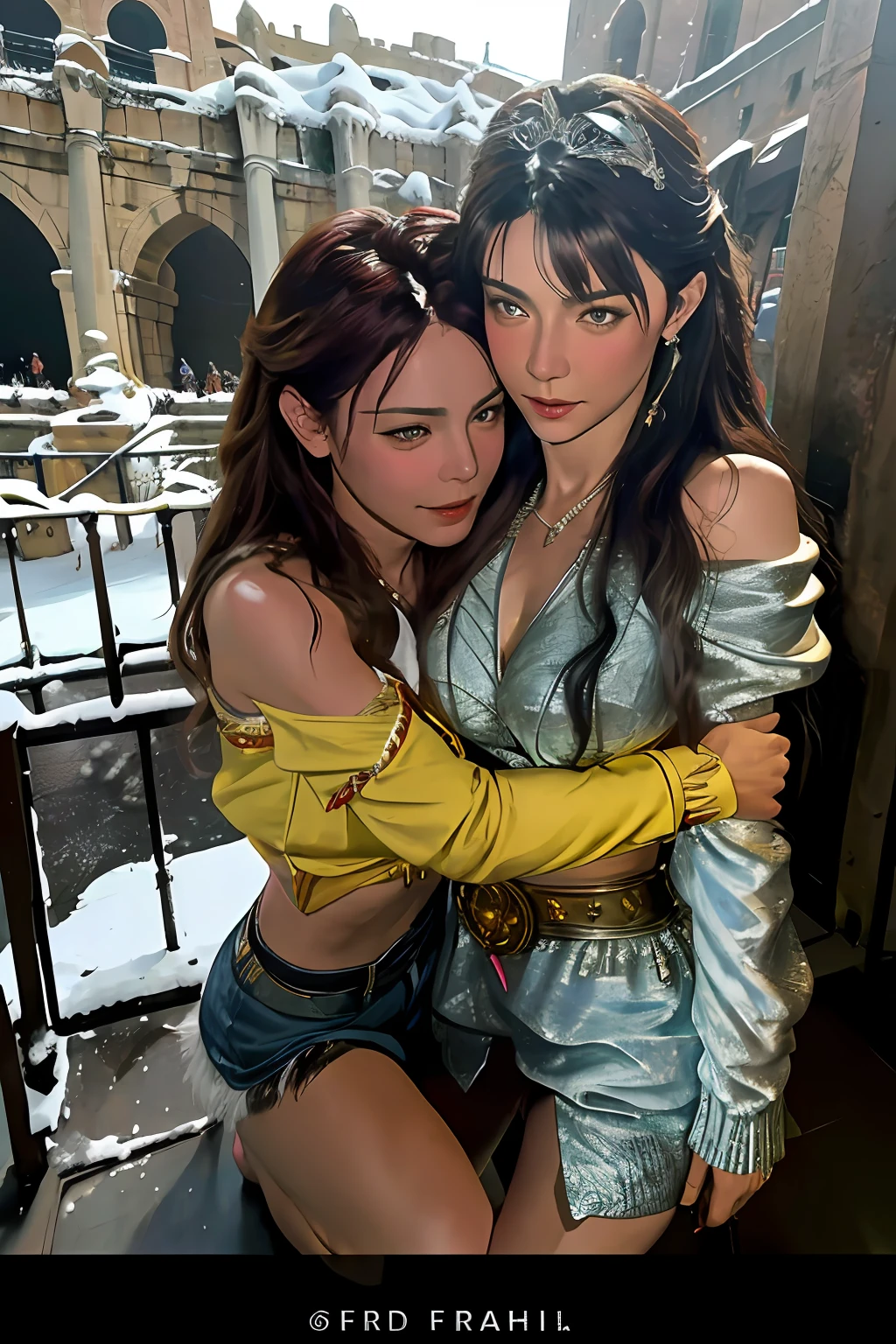 Intricate, Sharp focus, dramatic, by Frank Frazetta,by Julie Bell,by Olivia De Berardinis,by Luis Royo,by boris vallejo, (specular lighting:1.3), princesses, royal skimpy underwear, hugging and touching each other, teasing her friend's waist, gasping friend, biting her friend's ear lobe, squatting,2girls,duo,navel,(on the Castel Sant'Angelo of Rome,crowd,winter,Snow),