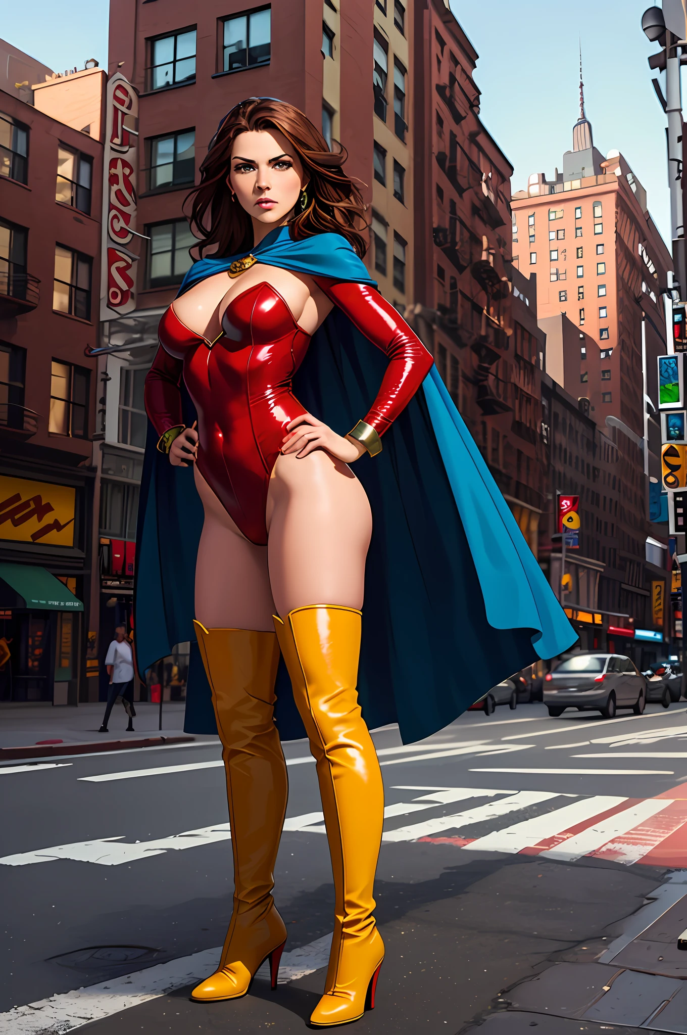 ((best quality)), ((masterpiece)), ((ultra realistic)), (dynamic heroic pose), american, beautiful detailed face, detailed eyes, sexy reporter, dressed in a red leotard, new york city backdrop, highly detailed, professional, bare legs, (full body costume design), hands on hip, standing, brown hair, medium hair, green eyes, yellow knee boots, long blue sleeves with red cuffs, yellow hawk-shaped crest engraved on chest, blue cape, cowboy shot