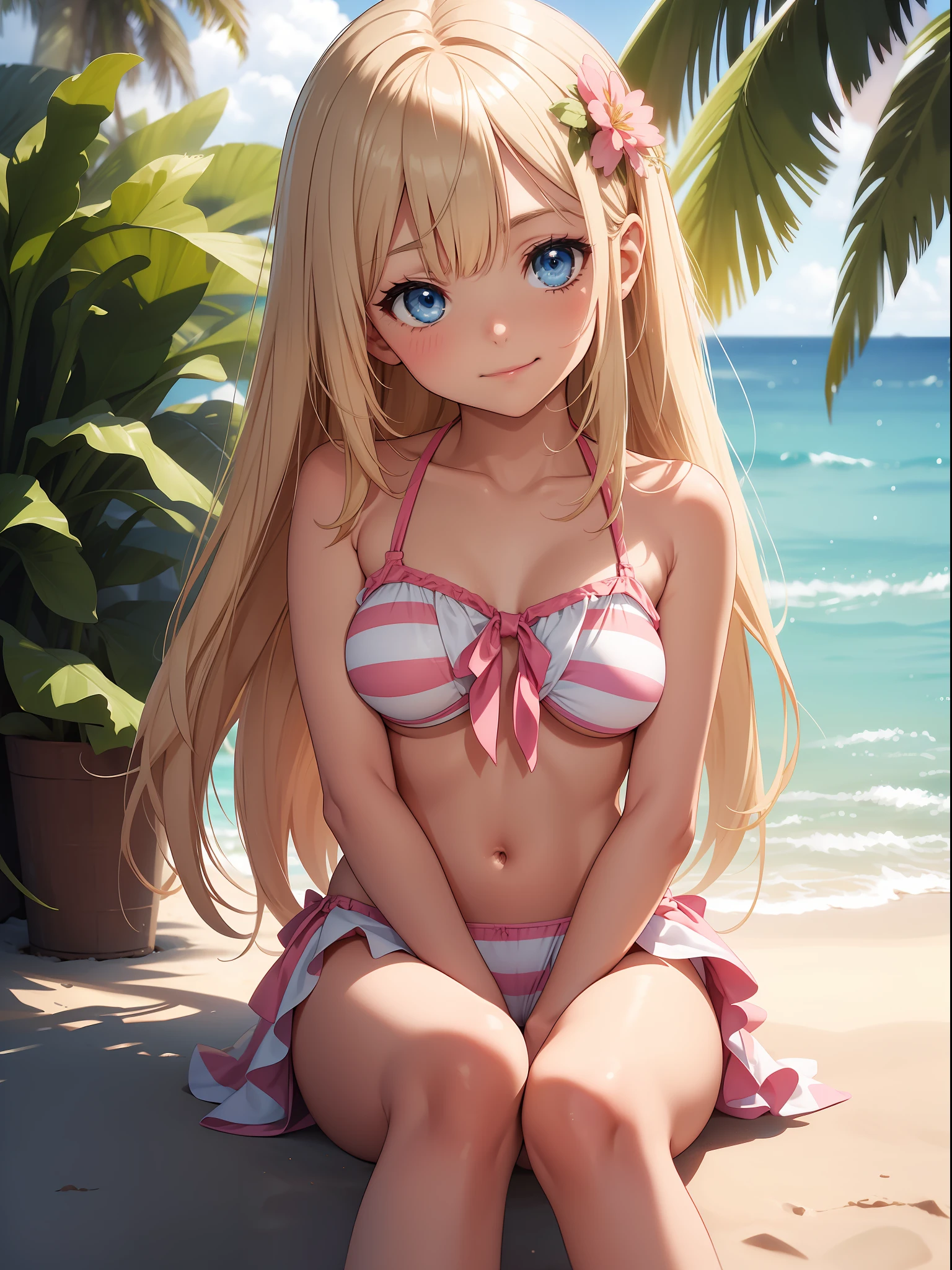 （Top quality ultra-detailed CG art、Upper body naked、Bikini with pink stripes：１.２）、sand beach、a blond、Glossy hair、smooth hair、large blue eyes,Mid summer、Delicate body、breasts are small、Medium Hair、short in stature、It features a simple、Hairpin、ssmile、short in stature、sitting on、relax vibe、Always cheerful and popular girl、cheerful girl、Infant body type、kawaii、Tying hair、