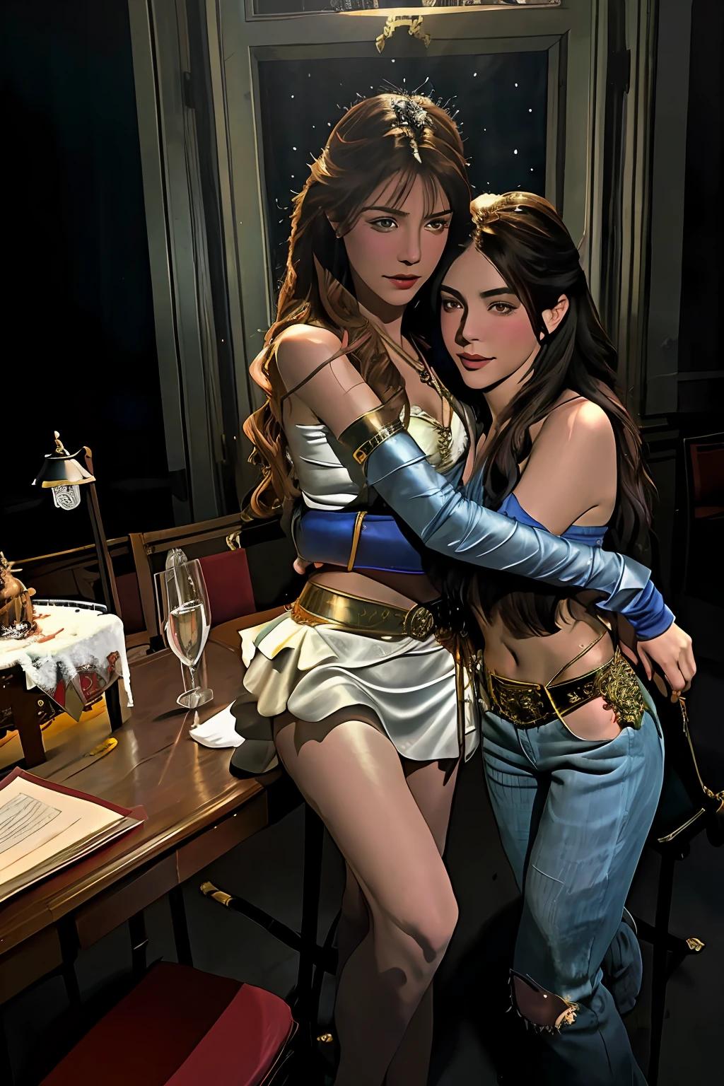 Intricate, Sharp focus, dramatic, by Frank Frazetta,by Julie Bell,by Olivia De Berardinis,by Luis Royo,by boris vallejo, (specular lighting:1.3), princesses, royal skimpy underwear, hugging and touching each other, teasing her friend's waist, gasping friend, biting her friend's ear lobe, squatting,2girls,duo,navel,(on the Castel Sant'Angelo of Rome,crowd,winter,Snow),