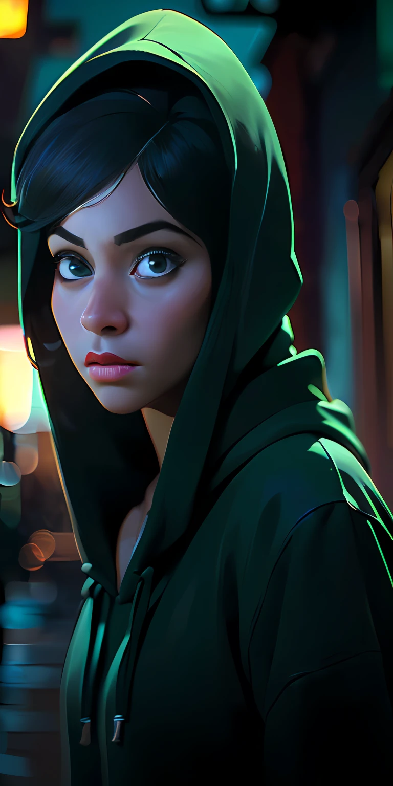 (Character: one Indian woman, brown skin, big eyes, black short hair)
(Clothing: green hoodie)
(Background: dark alley at night:1.3, intense urban lights in background)
(Style: ((masterpiece:1.5)), (face detailed), photo-realistic:1.3, hyperrealistic, film grain, realistic lighting, backlighting:1.3)