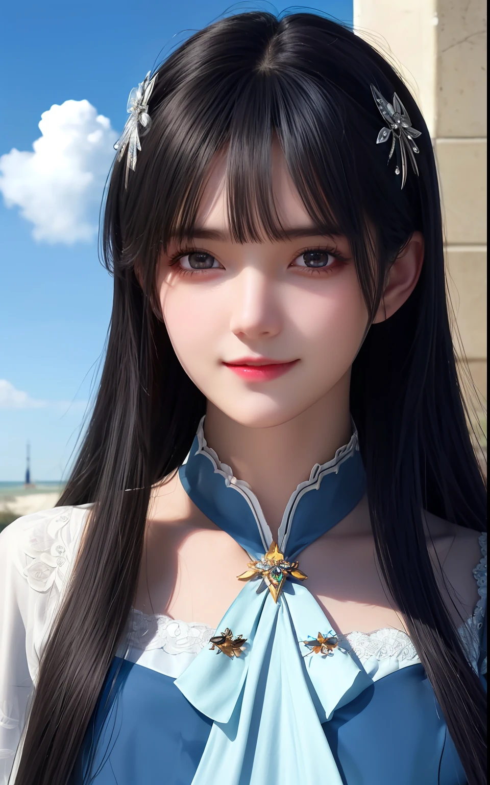 silber hair、ulzzang -6500-v1.1, (Photorealsitic:1.4), animesque、anime styled、ssmile、portraitures、Beautiful, Moist eyes like clear glass、Beautiful detailed woman, extremely detailed eye and face, Beautiful detailed eyes,huge filesize, ultra-detailliert, hight resolution, ighly detailed, top-quality, masterpiece, illustratio, ighly detailed, nffsw, unification, 8k wallpaper, splendid, finely detail, masterpiece, top-quality, Highly detailed ticker uniform 8K wallpaper, Light on the Face、电影灯光、18Year old girl