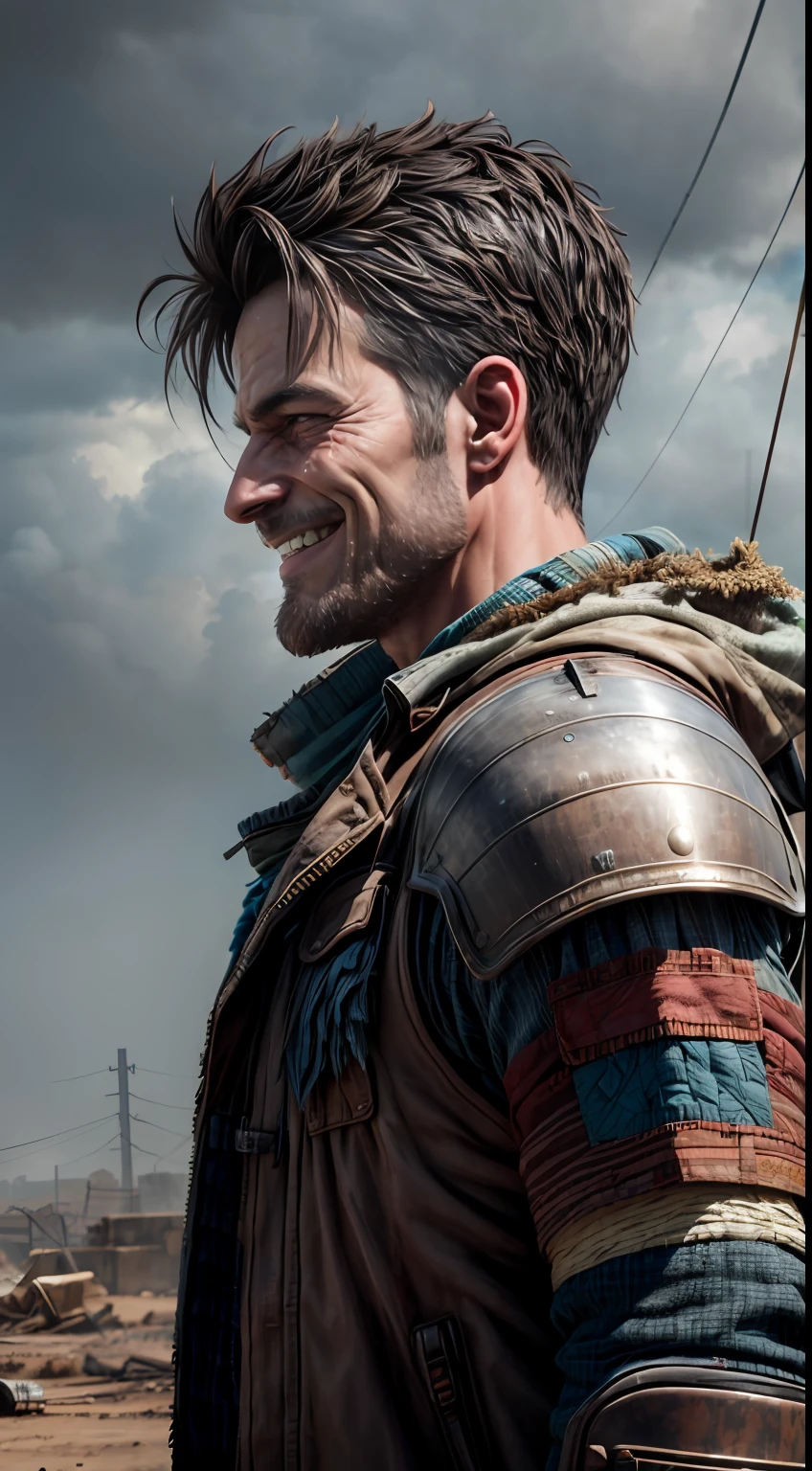 (((It's raining heavily))), A Punk from the Wasteland stands in the middle of the Wasteland (((portraite of a, a closeup of a, Smiling), profile, sideways)), engulfed in swirling dust storms. The camera zooms in on a man, capturing the intensity in his eyes, when he looks into the distance. The details of his weathered clothes and makeshift armor become clearer with each zoom, Patchwork quilt made of materials, sewn together. When the zoom reaches its peak, The focus shifts to his hands, who hold disposed weapons in their hands, demonstration of the character's resourcefulness and survival skills. The hint is implemented in the style of 3D sculpture, Using a combination of modeling and texturing techniques to bring the character and environment to life.