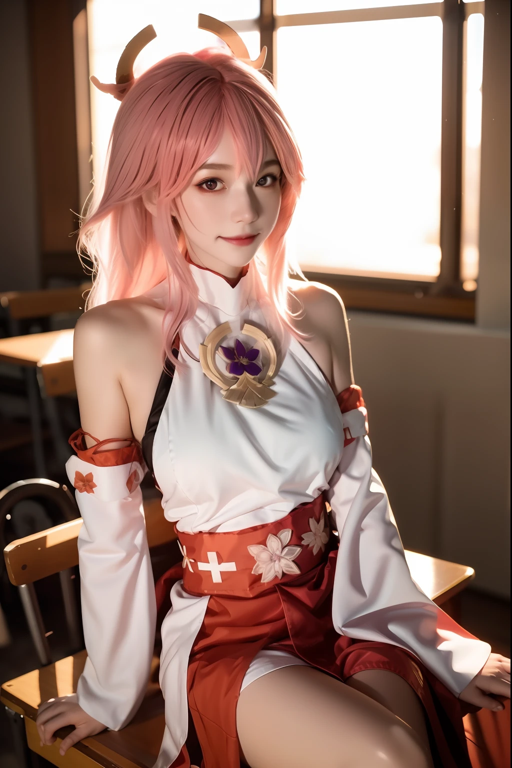 yae_miko, 1girl, bare_shoulders, breasts, detached_sleeves, jewelry, lips, long_hair, long_sleeves, looking_at_viewer, pink_hair, sash, sitting, solo, wide_sleeves,
Charming eyes, smile,
Sitting on the chair, sunlight, Autumn,
masterpiece, best quality,
RAW photo, 8k, 4k, (intricate details:1.0), (ultra detailed:1.0), (depth of field:1.0), (blurry background:1.0), (classroom:1.1), (spotlight effect:1.0), (light from the front:1.0), (fair skin:1.0), (super detailed skin:1.0), (clear translucent skin:1.0), (perfect body:1.0), (skinny,:1.0), (curvy body:1.0), (face:1.0), (sensual:1.0),