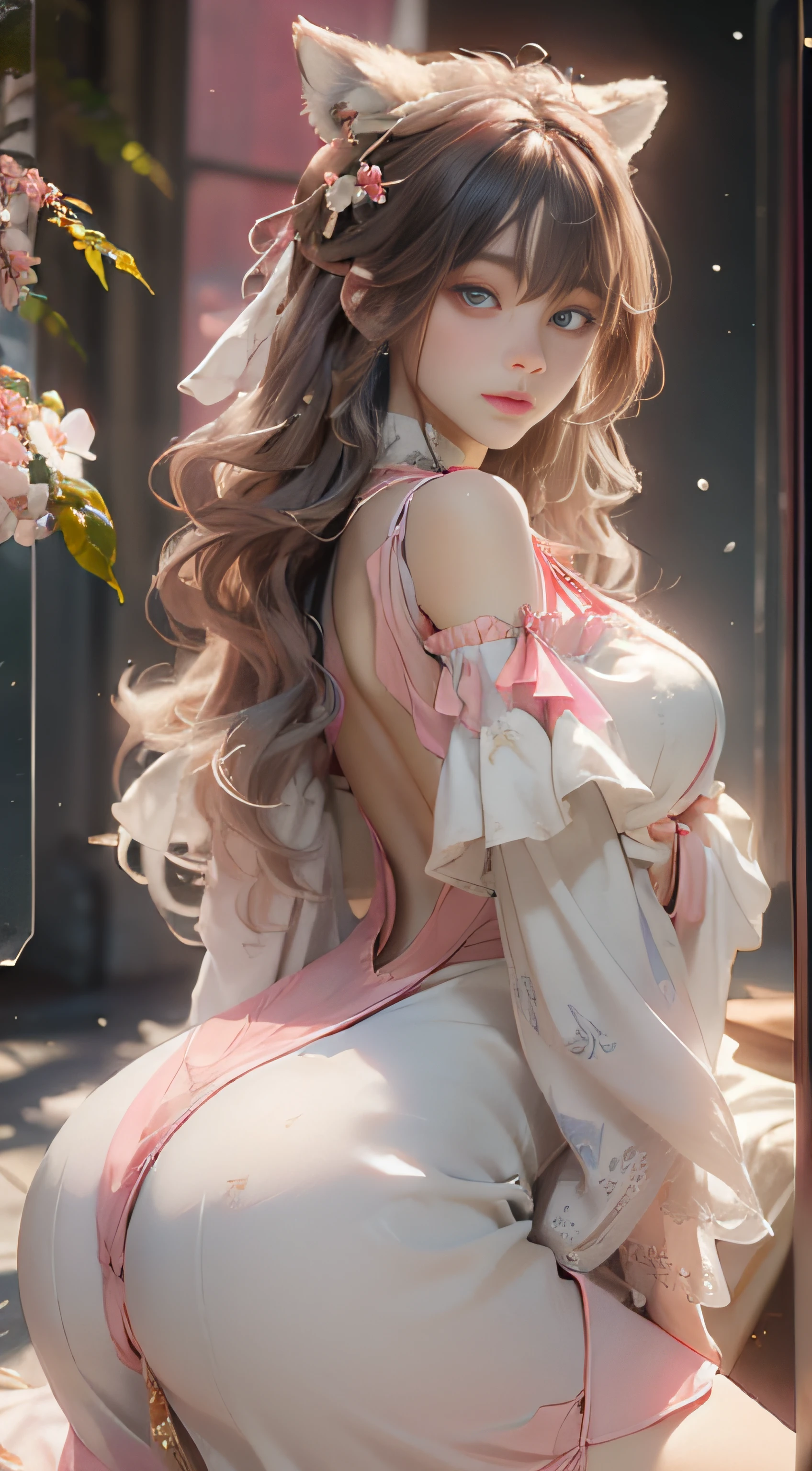 ((best qualtiy)), ((tmasterpiece)), (detail:1.4), Beautiful cyberpunk female images,hdr(HighDynamicRange),Ray traching,NVIDIA RTX,Hyper-Resolution,illusory 5,sub surface scattering,PBR textures,post-proces,Anisotropy Filtering,depth of fields,maximum definition and sharpness,Many-Layer Textures,Albedo e mapas Speculares,Surface coloring,Mitsu-Accurate simulation of material interactions,perfectly proportioned,rendering by octane,Two-colored light,largeaperture,Low ISO,White balance,Rule three points、8K raw data、Beautiful bright blue pupils,off-the-shoulder clothes,Fine pupils,Delicate face and eyes,long eyelasher,Blushlush,Delicate and fluffy hair,pink lip,Pure,Cute face,Sweet girl,Artistic sense,Casual wear,Advancedsense,butterflys,Cherry blossom petal,Beautiful hair accessories,Long hair and waist,Hair fluttering in the wind,Snow-white fox ears,curlies,Snow-white fluffy tail,Positive light,The light from the back window is backlighted