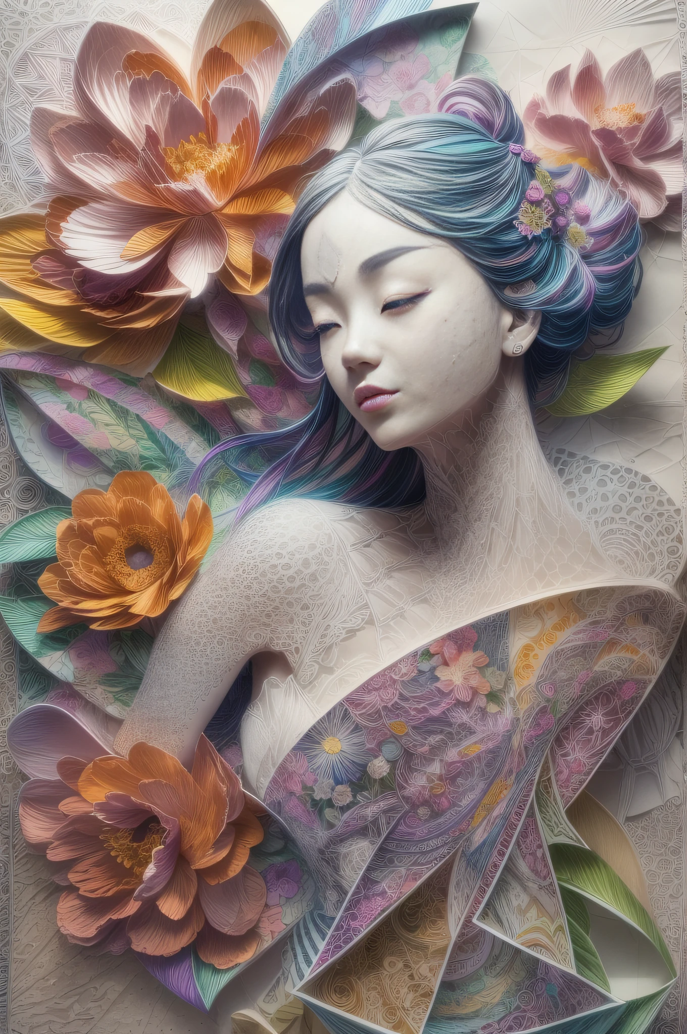 (Hologram projection effect:1.5),(Silhouette of an Asian star beauty avatar,Colorful peony flowers),White background,(paper art, Quilted paper art:1.2, geomerty:1.1, zentangle,a 3D render), (Extremely colorful, Best quality, high detal, Masterpiece, Cinematic lighting, 8K)