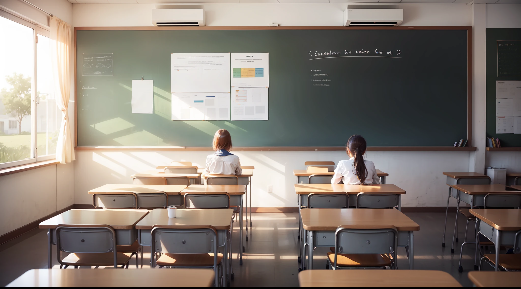 "(At school) The classroom is filled with boredom as students struggle to stay engaged. The disinterested protagonist sits amidst a sea of desks, while the teacher delivers a dry lecture. Posters on the walls serve as a constant reminder of strict rules and standardized tests."