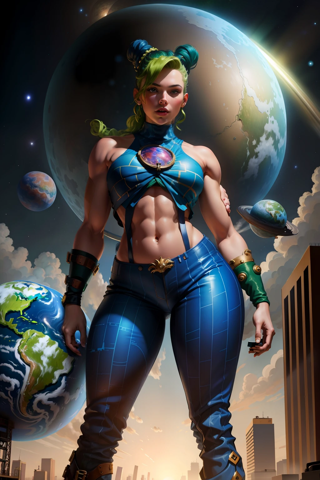 masterpiece, best quality, 1girl, solo, giant, giant, (((towering you)))), (full body), 1girl, jolynejojo, devouring a planet, digital art, masterpiece, green hair and blue, cropped, sleeveless, wearing pants, in outer space