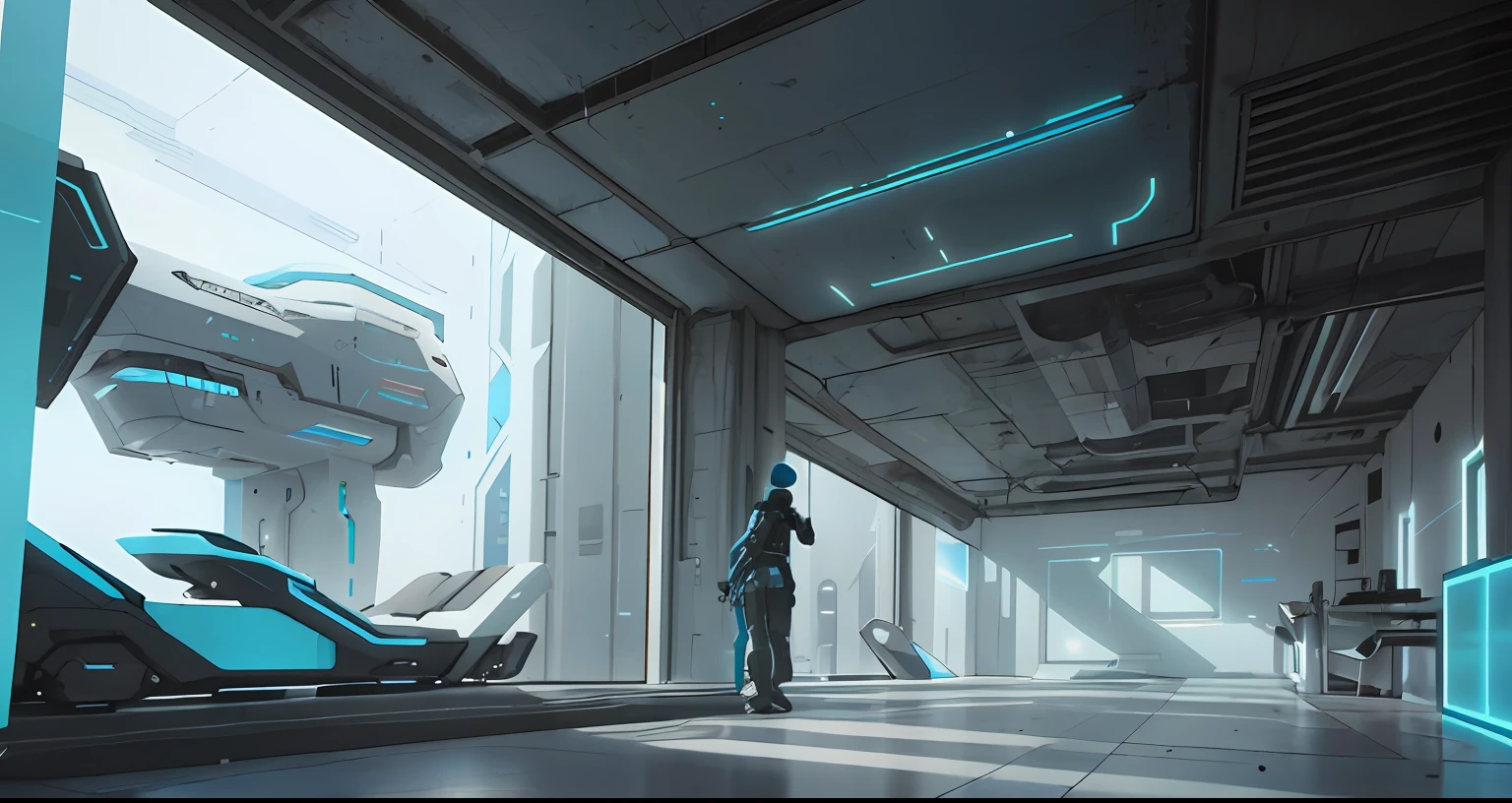 A great sci-fi matte lab by John Harris, Sparta and Greg Rutkowski. Sharp edges, Tiffany blue, gray-blue, white. . A sci-fi lab, a cyberpunk room, grim. Ultra-clear detailed, 3D, octane 8K rendering