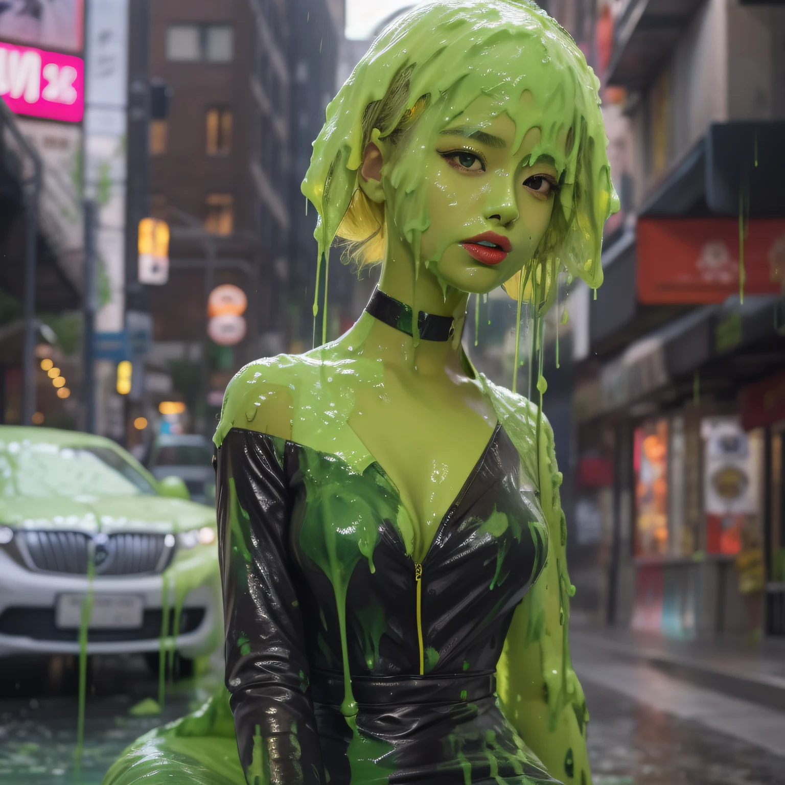 8k, hd, masterpiece, CG unity, ultra detailed, hyper realistic, extreme realism, 21-year-old Japanese model, 1 woman, tan skin, thick eyeliner, long eyelashes, red lipstick, short wavy hair, blonde hair, skimp dress, cleavage, city street, (slime dripping down head: 1.2), (slime dripping everywhere: 1.2)