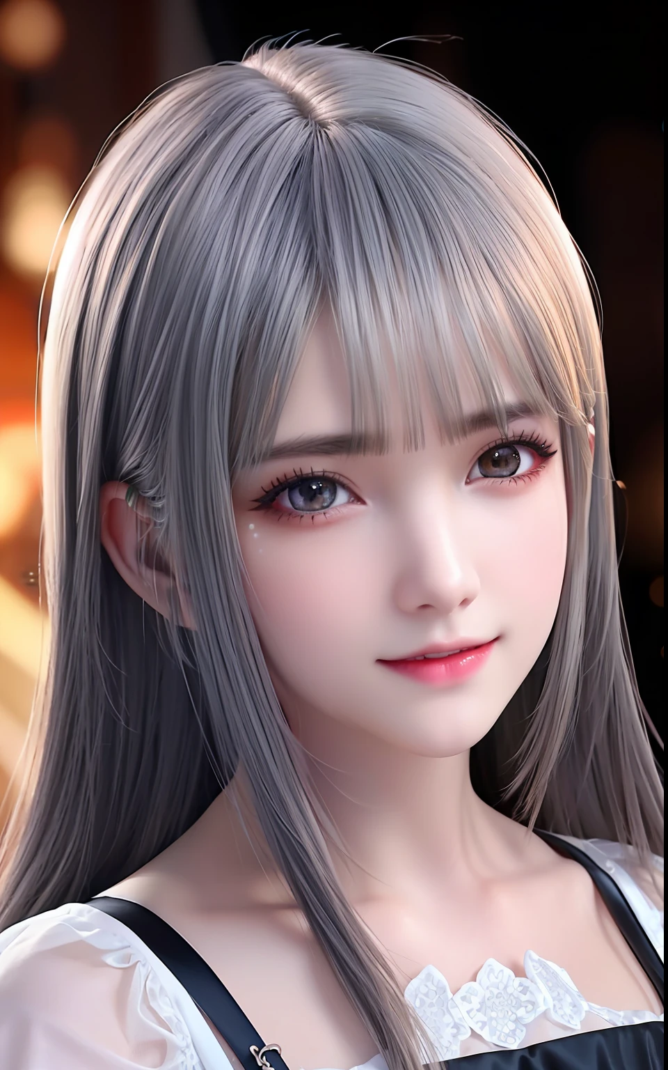 silber hair、ulzzang -6500-v1.1, (Photorealsitic:1.4), animesque、anime styled、ssmile、portraitures、Beautiful, Moist eyes like clear glass、Beautiful detailed woman, extremely detailed eye and face, Beautiful detailed eyes,huge filesize, ultra-detailliert, hight resolution, ighly detailed, top-quality, ​masterpiece, illustratio, ighly detailed, nffsw, unification, 8k wallpaper, splendid, finely detail, ​masterpiece, top-quality, Highly detailed ticker uniform 8K wallpaper, Light on the Face、电影灯光、