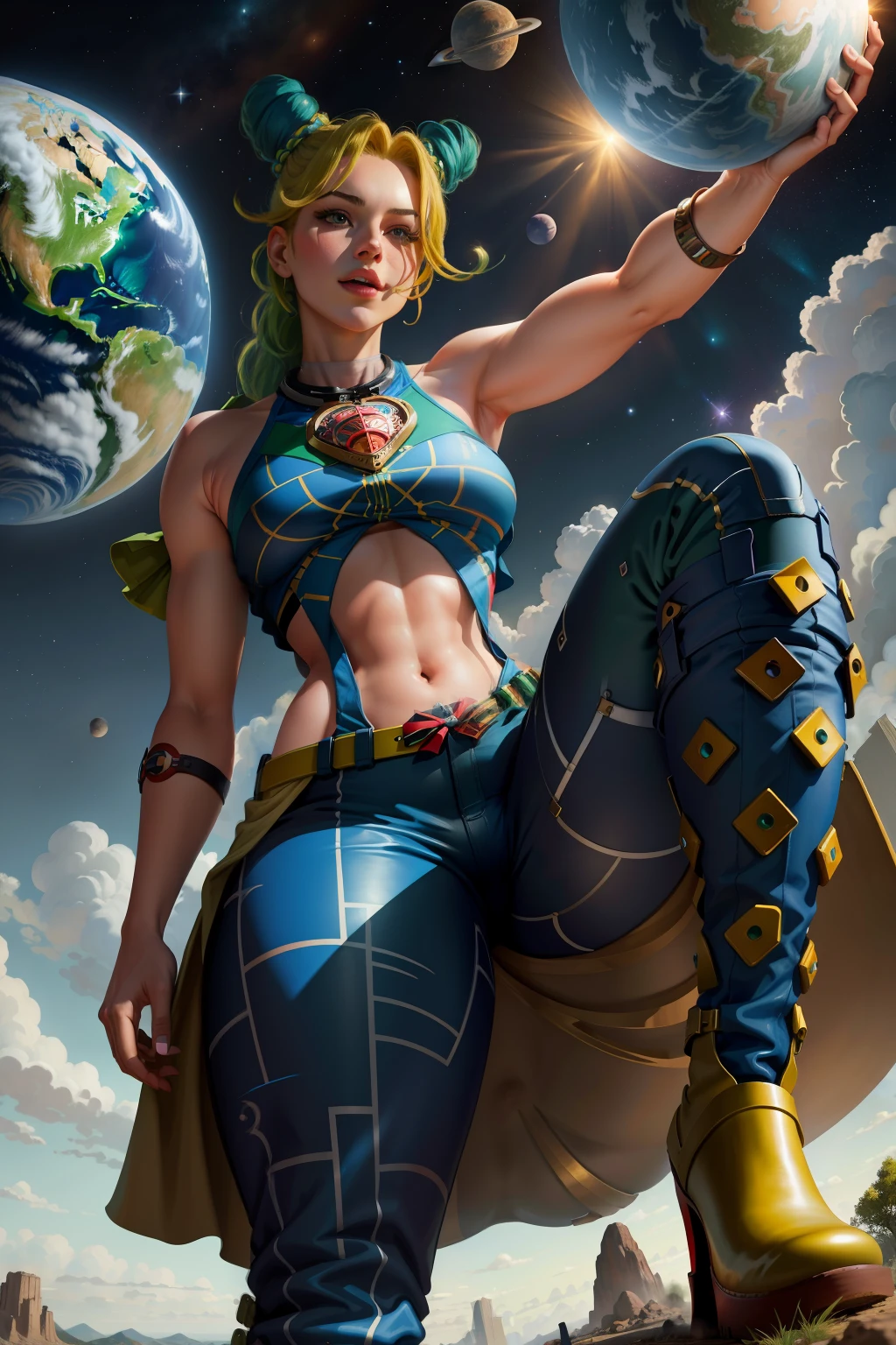 masterpiece, best quality, 1girl, solo, giant, giant, (((towering you)))), (full body), 1girl, jolynejojo, devouring a planet, digital art, masterpiece, green hair and blue, cropped, sleeveless, wearing pants, in outer space