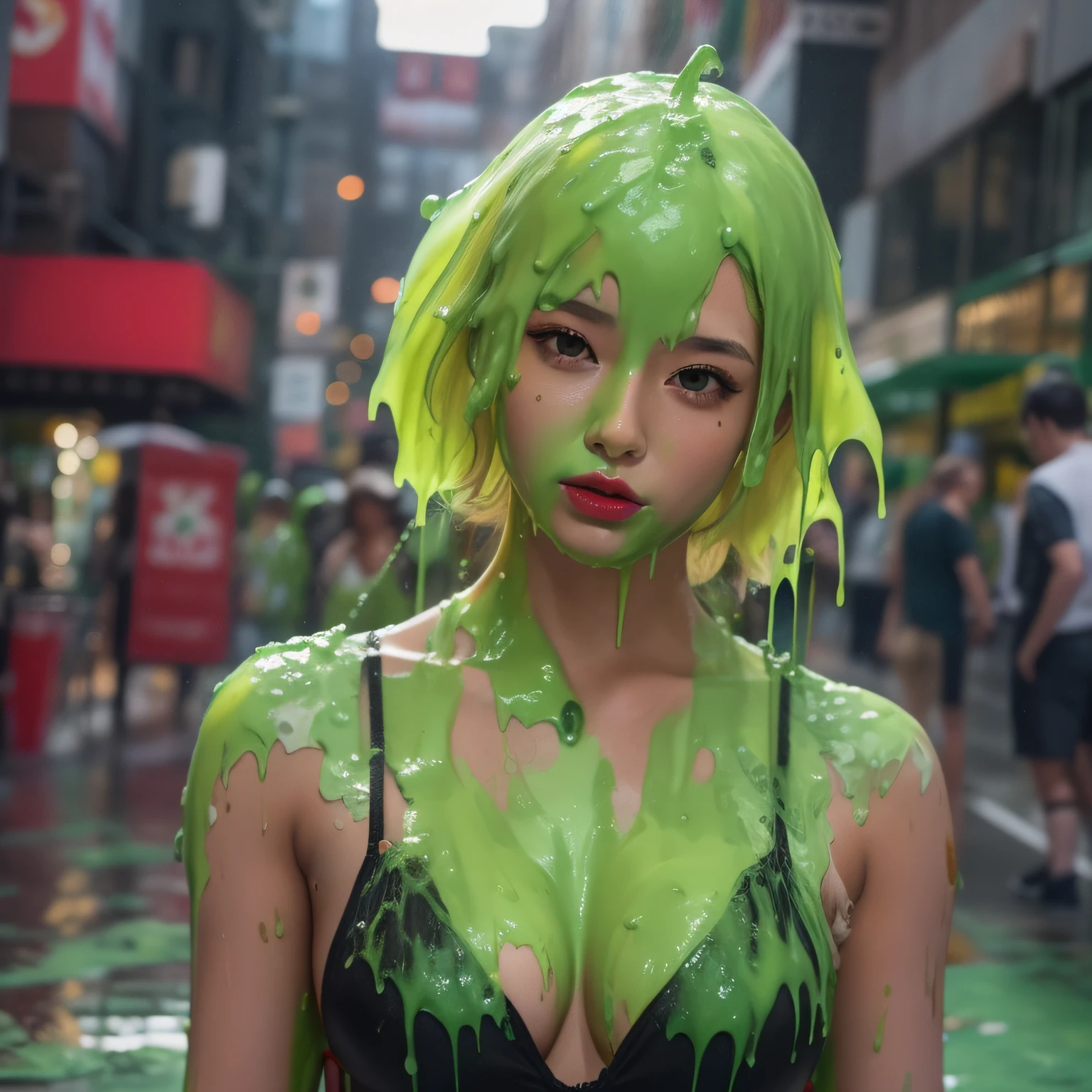 8k, hd, masterpiece, CG unity, ultra detailed, hyper realistic, extreme realism, 21-year-old Japanese model, 1 woman, tan skin, thick eyeliner, long eyelashes, red lipstick, short wavy hair, blonde hair, skimp dress, cleavage, city street, (slime dripping down head: 1.2), (slime dripping everywhere: 1.2)