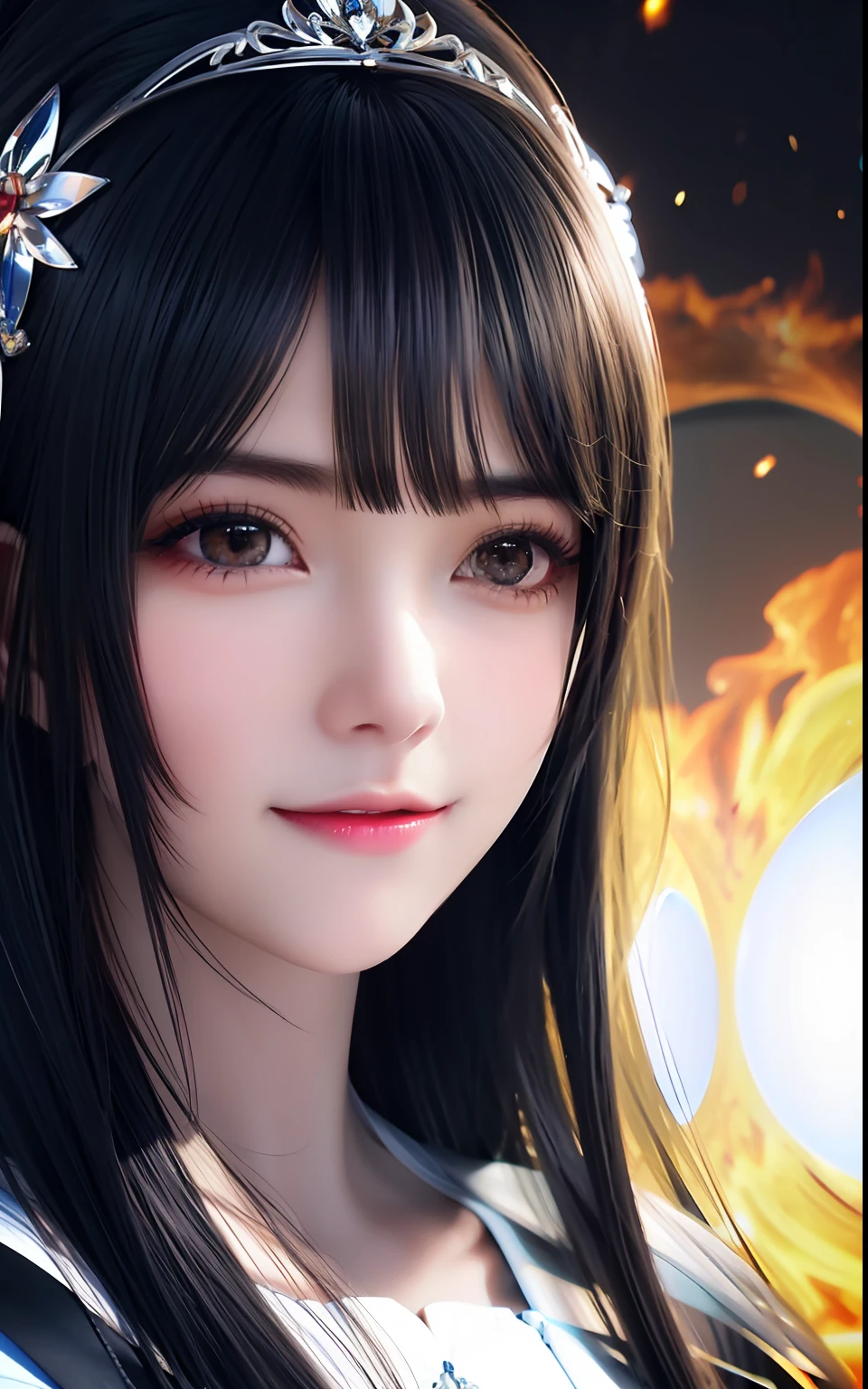 silber hair、ulzzang -6500-v1.1, (Photorealsitic:1.4), animesque、anime styled、ssmile、portraitures、Beautiful, Moist eyes like clear glass、Beautiful detailed woman, extremely detailed eye and face, Beautiful detailed eyes,huge filesize, ultra-detailliert, hight resolution, ighly detailed, top-quality, ​masterpiece, illustratio, ighly detailed, nffsw, unification, 8k wallpaper, splendid, finely detail, ​masterpiece, top-quality, Highly detailed ticker uniform 8K wallpaper, Light on the Face、电影灯光、