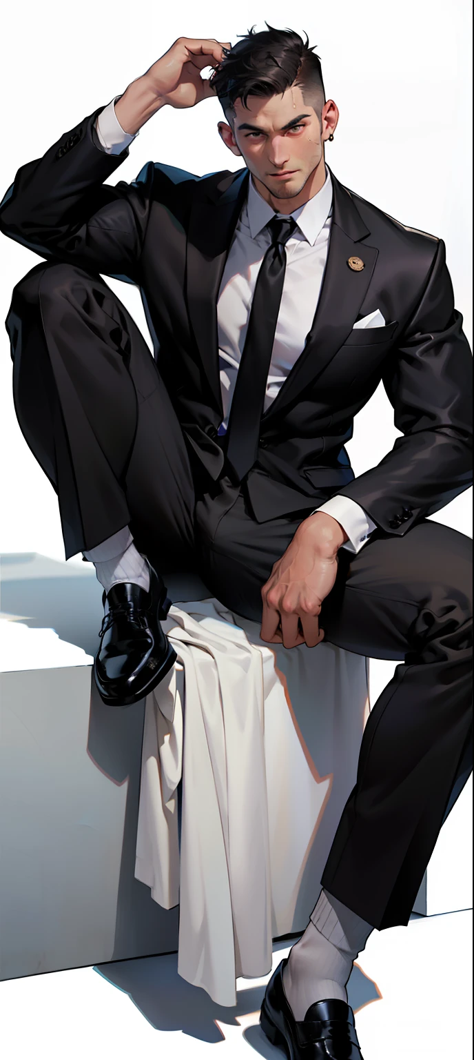 masterpiece, best quality, face, natural eyes, 1man, european, big feet, black socks, (in suit), a businessman in suit, sitting with leg stretched, full body, white shirt, only wear white shirt, black socks, black socks, black socks, leather shoe, large bulge, long legs, looking at viewer, 30 years old, muscled and mature, short haircut, legs streched, sweating, tight cloth, erecting