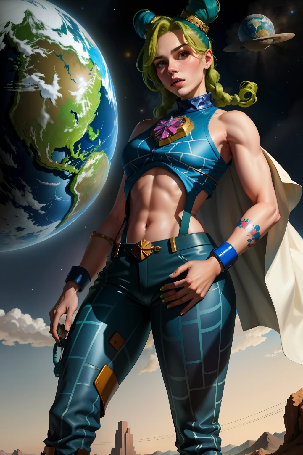 masterpiece, best quality, 1girl, solo, giant, giant, (((towering you)))), (full body), 1girl, jolynejojo, devouring a planet, digital art, masterpiece, green hair and blue, cropped, sleeveless, wearing pants, in outer space