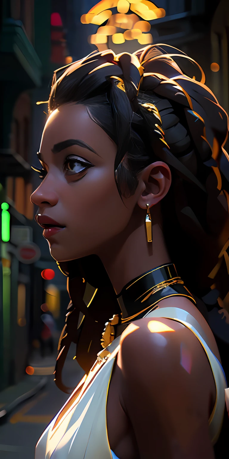 (Character: one Brazilian woman, 20 years old,, dark skin, black skin, black hair, mega hair, dreadlocks:1.3)
(Clothing:  white elegant dress, golden collars)
(Background: dark alley at night:1.3, intense urban lights in background) 
(Style: ((masterpiece:1.5)), (face detailed), photo-realistic:1.3, hyperrealistic, film grain, realistic lighting, backlighting:1.3)