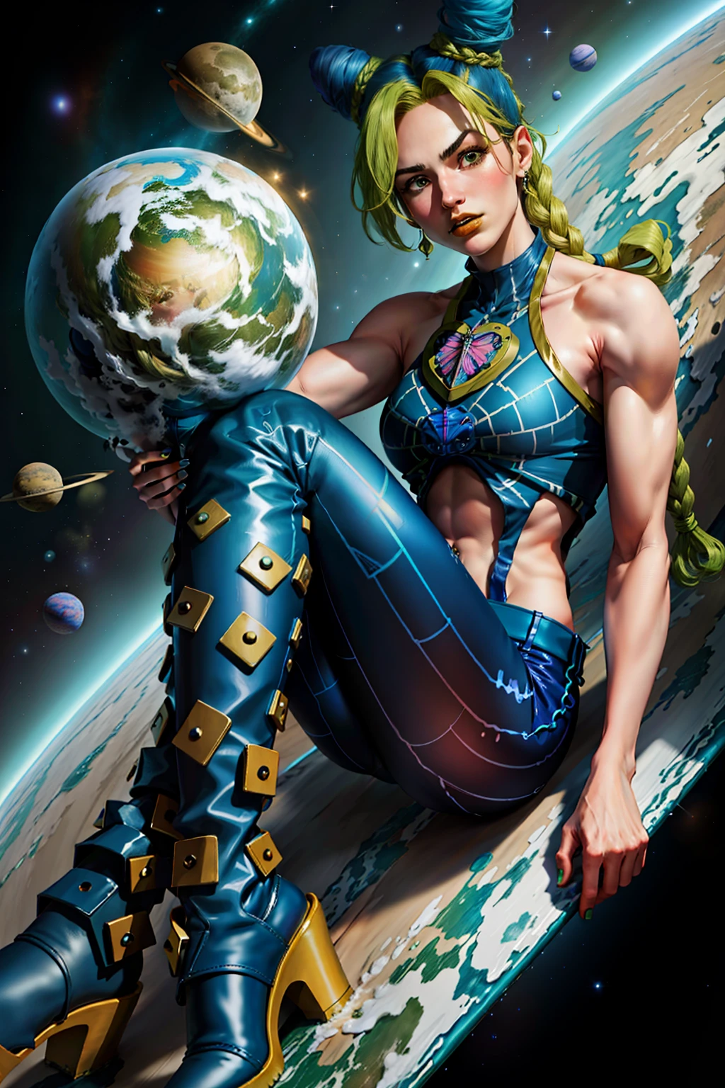 masterpiece, best quality, 1girl, solo, giant, giant, (((towering you)))), (full body), 1girl, jolynejojo, devouring a planet, digital art, masterpiece, green hair and blue, cropped, sleeveless, wearing pants, in outer space