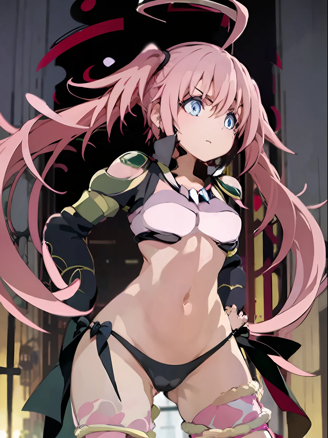 sharp focus, best quality, depth of field, cinematic lighting, detailed outfit, 4k, perfect eyes, rich in details and textures, cute, cute face, pink hair, long hair, small breasts, (loliark red eyes, hair between eyes, sidelocks, witch hat, black hat, cleavage, pink lace bra, groin, stomach, pink lace panties, garter belt, white stocking, collarbone, petite