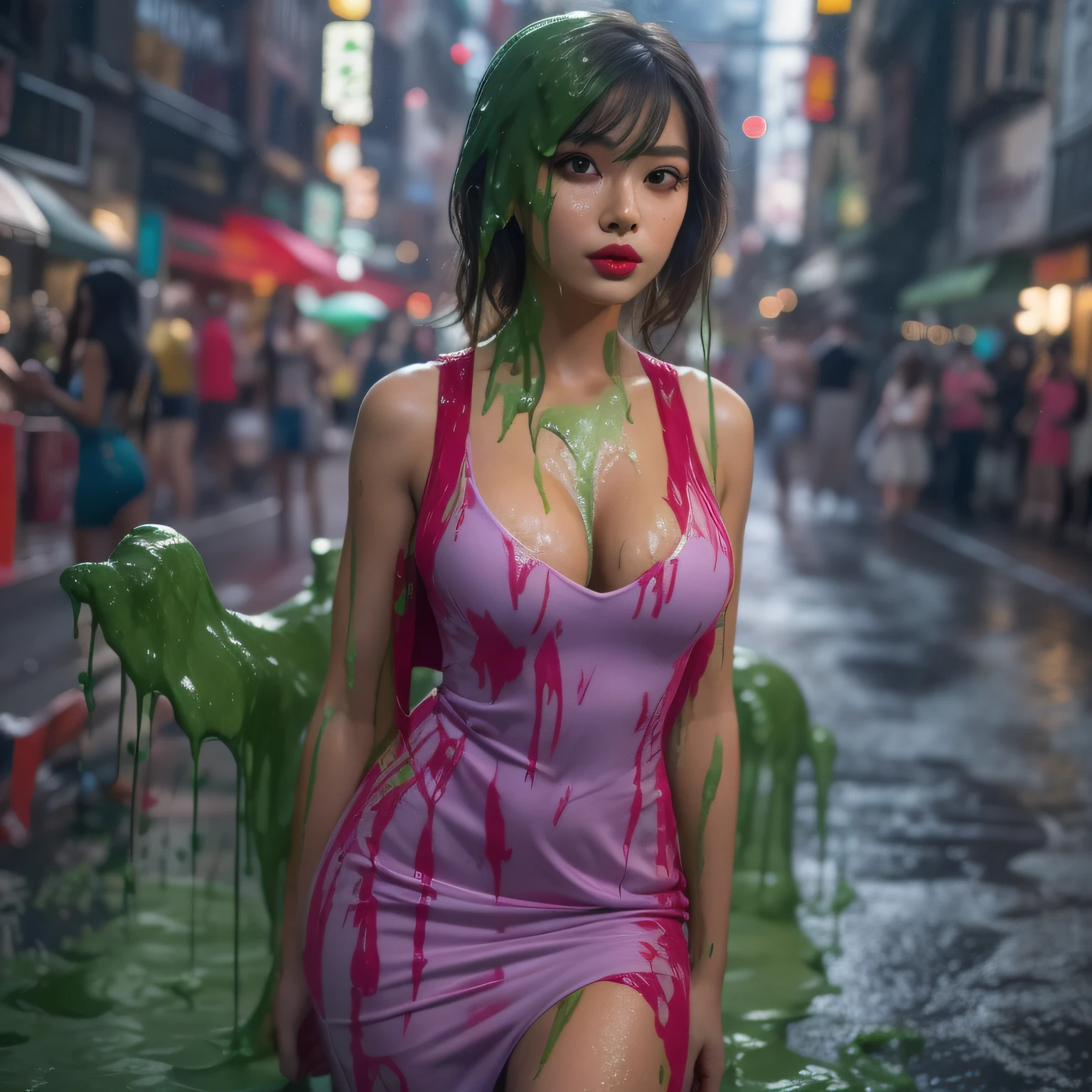 8k, hd, masterpiece, CG unity, ultra detailed, hyper realistic, extreme realism, 21-year-old Japanese model, 1 woman, tan skin, thick eyeliner, long eyelashes, red lipstick, short wavy hair, skimpy dress, cleavage, city street, (slime dripping down head: 1.2), portrait photograph