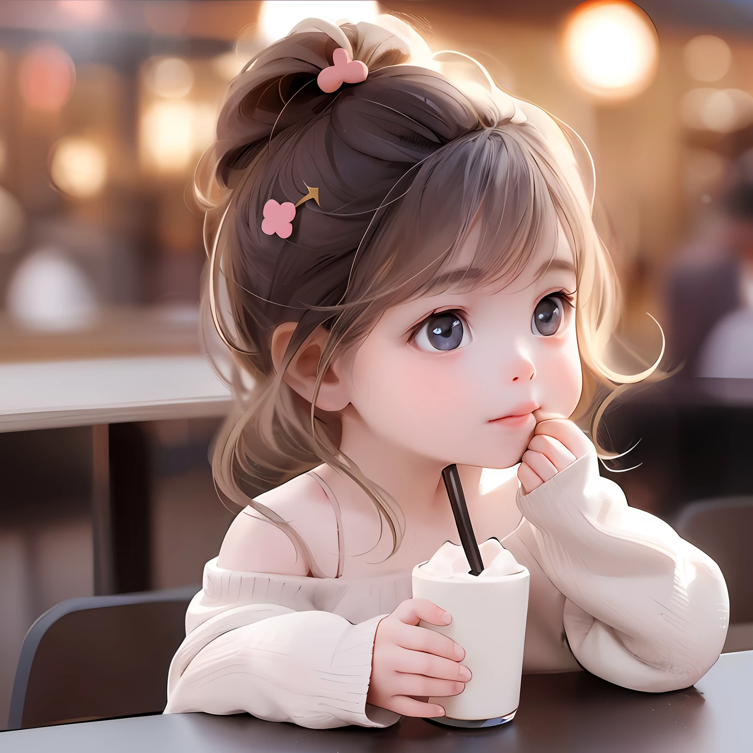 there is a little girl sitting at a table with a drink, cute beautiful, adorable digital art, Cute and lovely, lovely digital painting, cute cute, Realistic cute girl painting, beautiful lovely, Cute detailed digital art, young and cute girl, with cute doting eyes, Cute cartoon character, Very beautiful girl, Cute young girl, Cute cartoon, adorable expression