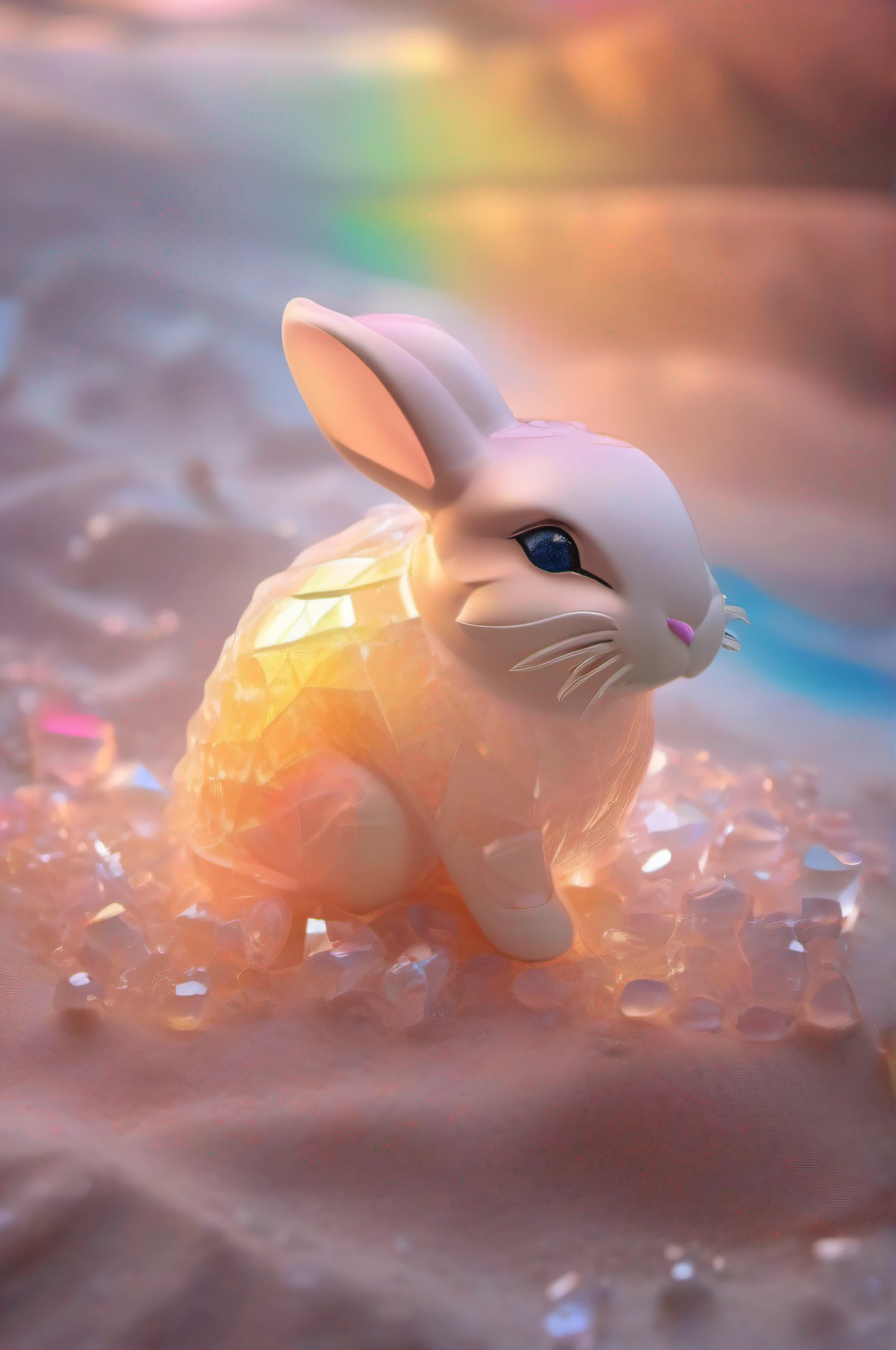 (8k wallpaper, RAW photo, Photorealistic:1.25) ,( glossy side,, Best quality, Super high resolution, Depth of field, color difference, Caustics, Special light) ,Iridescent color style,(dreamy and romantic compositions:1.5)，Bright style，rainbowing，Crystal clear rabbit-shaped stone，sandbeach，with light glowing，rays of sunshine,