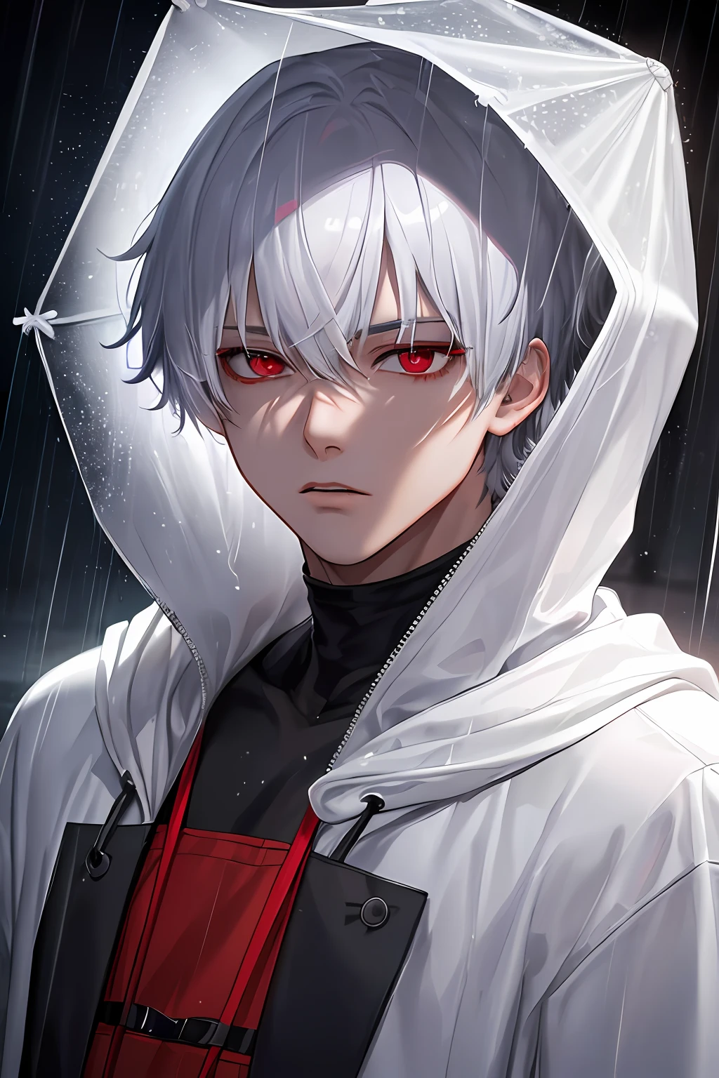 kk, best quality, more details, masterpiece, 1boy, kaneki ken, portrait, male focus, red eyes, solo, bangs, looking at viewer, hood, short hair, rain, tokyo tokyo \(city\),  hood up, nail polish, white hair, luxurious, 8k, detailed, ray tracing, depth of field, cinematic lighting,