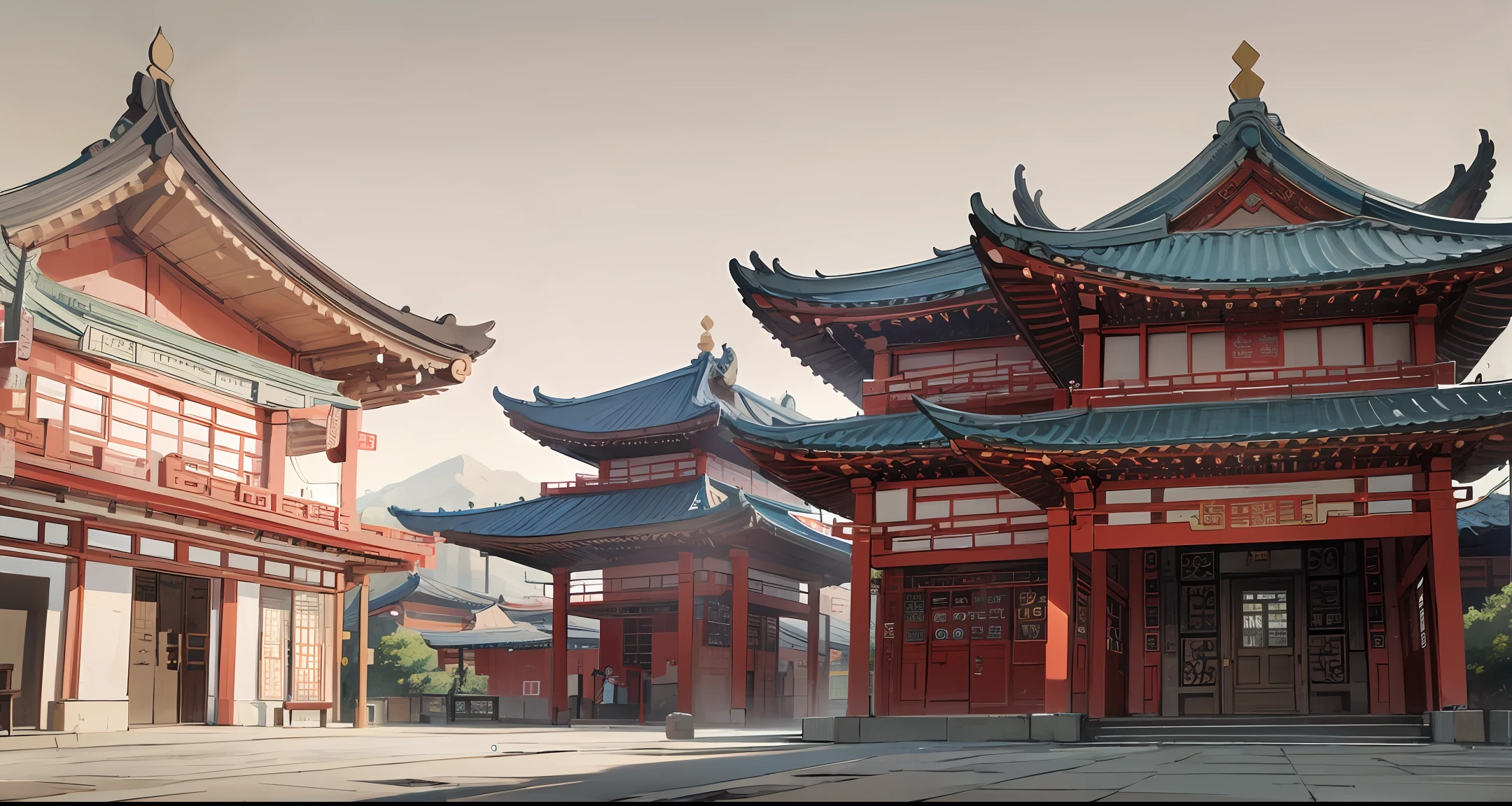 Create an image of an Analytical drawing of China’s Traditional Architecture, Large and open space, and three-point perspective. Style of a sharp perspective drawing, colored in Cyan tiles and red poles, complex space, Imperial Woodworks. and sharp contradictions, illustrated in fine details. —ar 3:4 --auto --s2