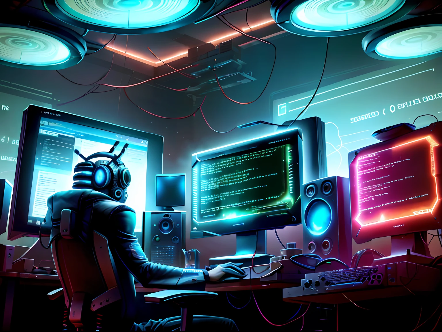 TeslaPunk AI computer, desktop inside the room, with game chair, with two monitor screens, lines of programming codes on the screen