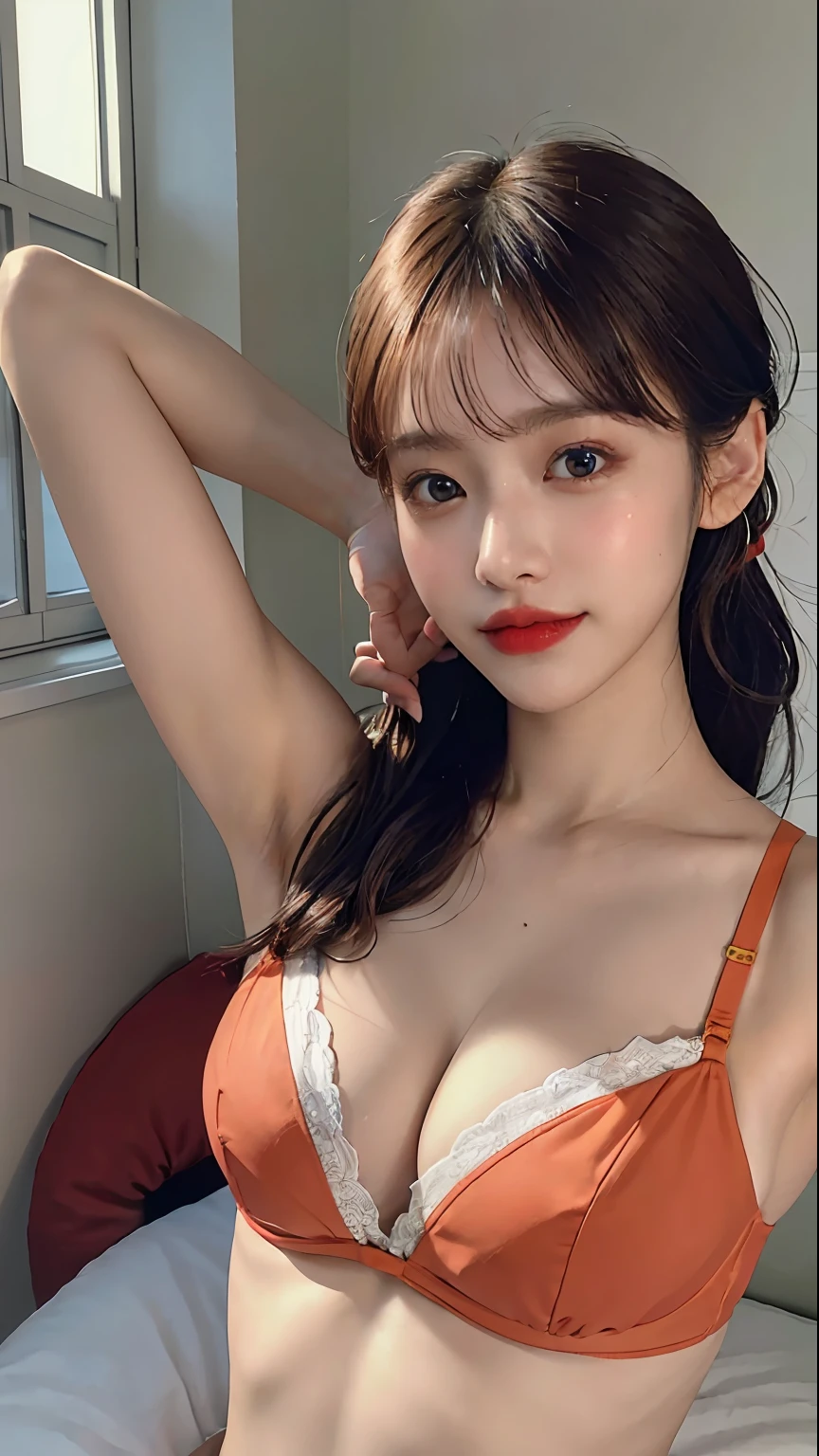 "(((​masterpiece))))、top-quality、ultra-detailliert、独奏、a 25yo woman、an lingerie、4k、8k、hight resolution、With arms raised、hairarmpits、Armpit、Pose Seductive、a bed、Portrait format、lascivious、16ｋ、Orange bra、red lipsticks、pony tail hairstyle、Armpit poses、realistic skin textures、Detailed armpits、Armpits that shine when the light hits、Sweaty and glowing body