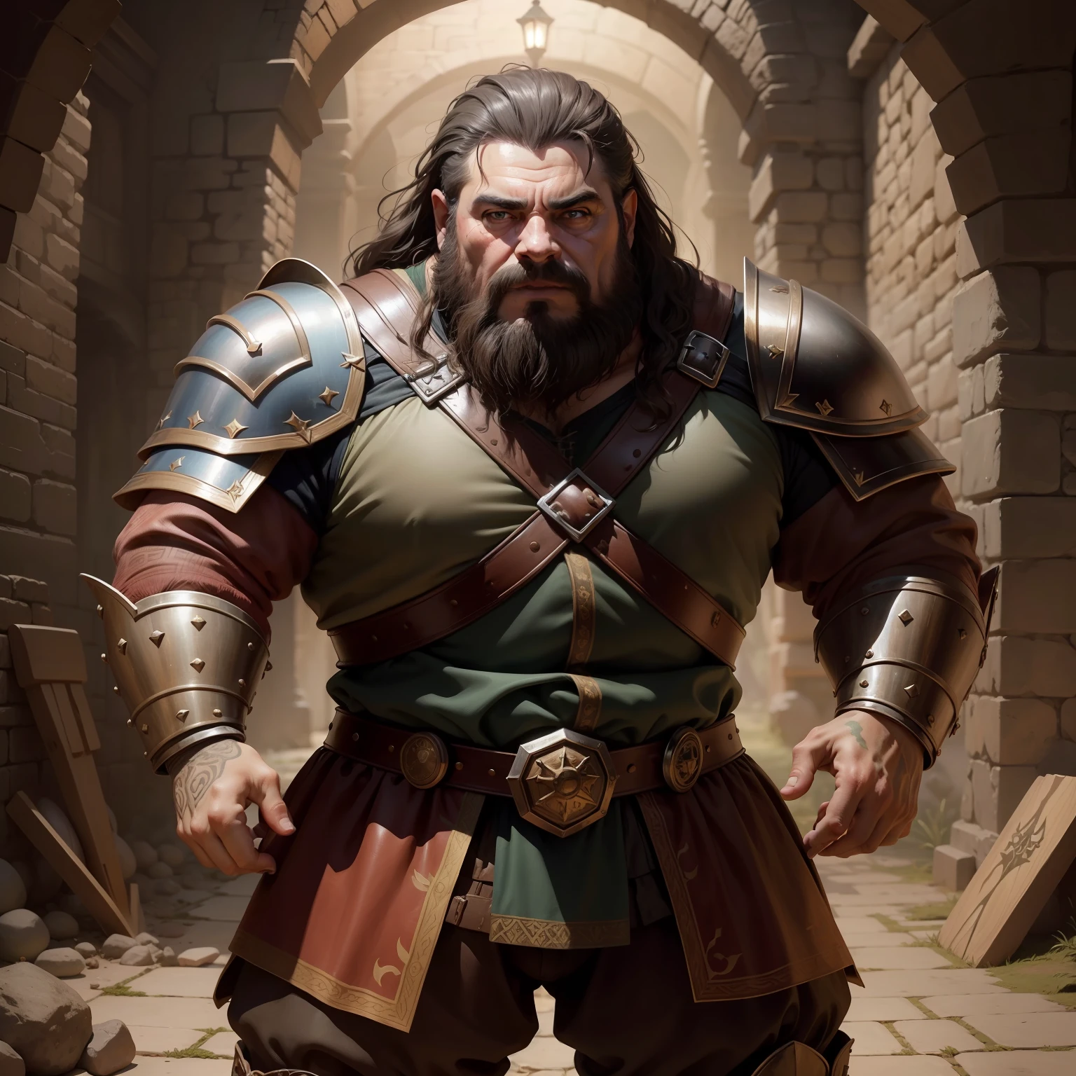 Pintura-realista, Dwarf of medieval times, anão de Dungeons and Dragons, tem uma cicatriz em volta do olho esquerdo, cicatriz que passa de cima pra baixo no olho, Strong physical size. He's wearing leather armor, He's got a shovel on his back, com detalhes dourados em formato de linhas, cabo prata), super realista, detalhado, pintura 4k full hd, lighting making his face a little dark, com o olho direito meio tapado pela sombra,