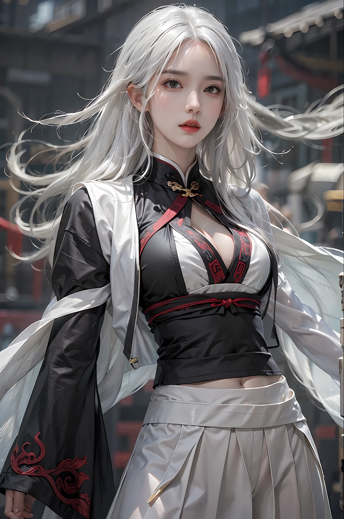 photorealistic, high resolution, 1 women, solo, hips up, look at viewer, (detailed face), white hair, long hair, medium breasts, black kungfu clothes