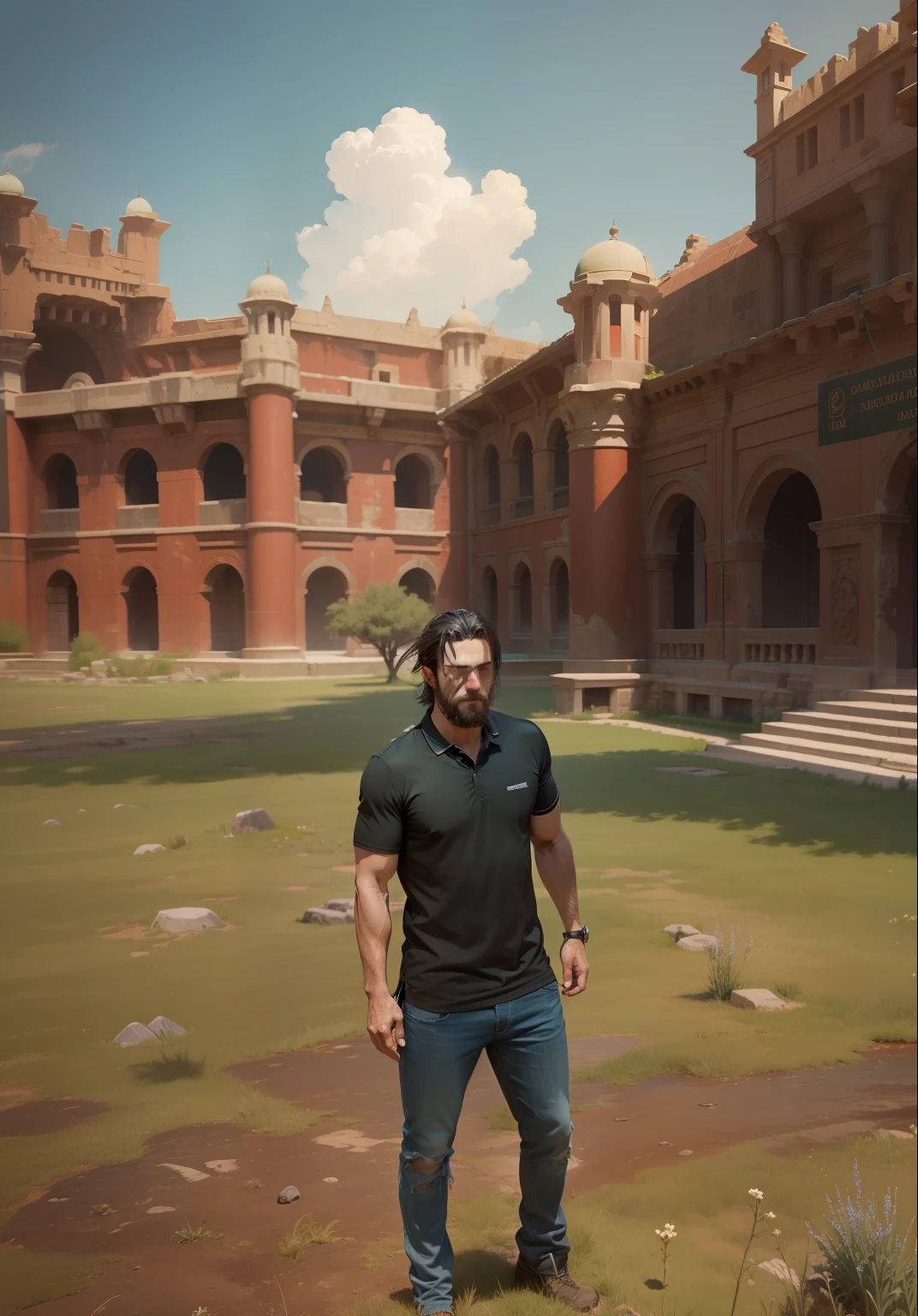 Same as picture, skyblue polo shirt and jeans, Power glass, grow men, balck hair, Ancient red structure, green grass, ultra realistic, 8k