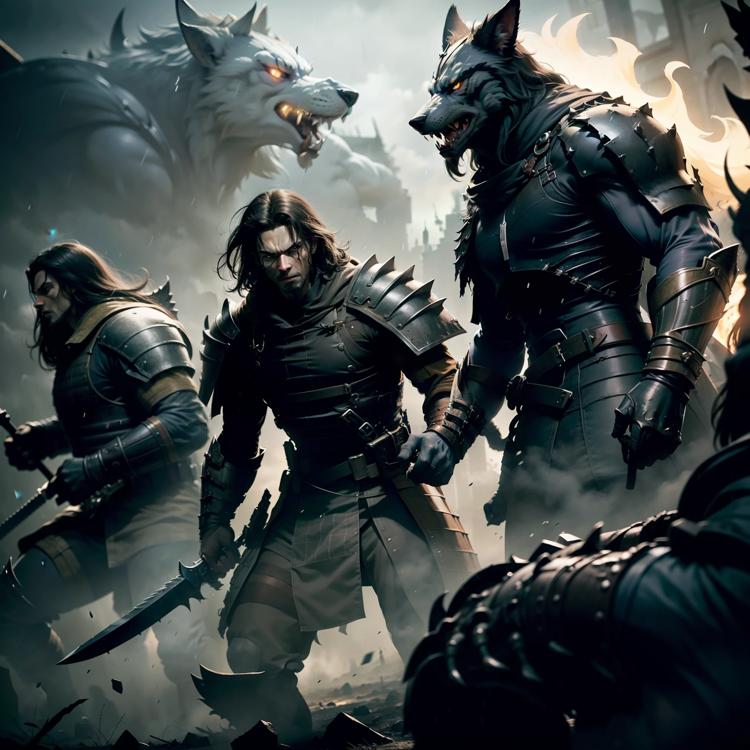 (army) four or more characters, beast, werewolf, vampire, monster hunter, clear face, well-balanced body, war, battle, mutual attack, battlefield, armed  weather, overcast, rain, beautiful images, best quality, artistic, cinematic