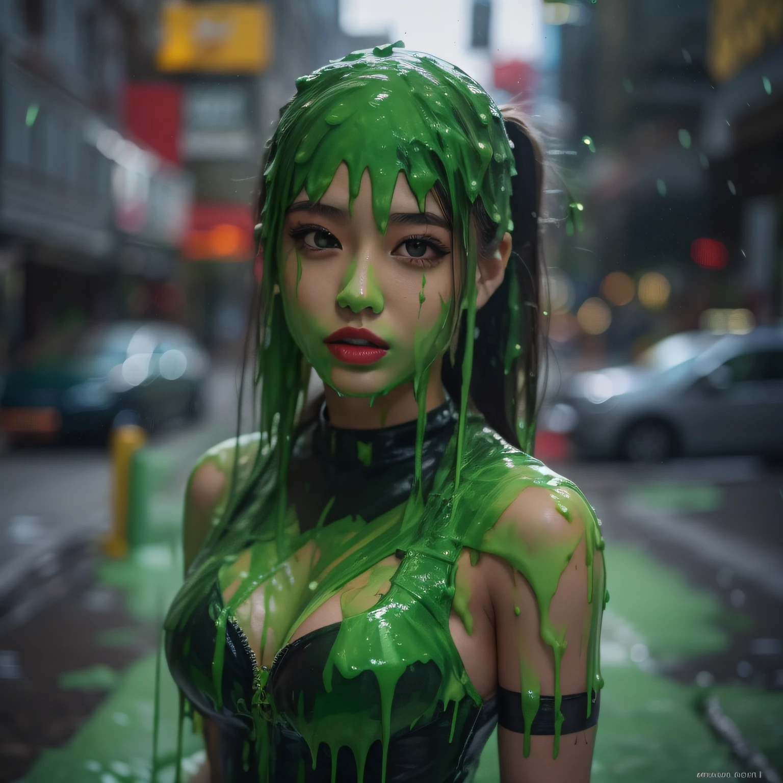 8k, hd, masterpiece, CG unity, ultra detailed, hyper realistic, extreme realism, 21-year-old Japanese model, 1 woman, tan skin, thick eyeliner, long eyelashes, red lipstick, pigtails, skimpy dress, cleavage, city street, (slime dripping down head: 1.2), (slime dripping everywhere: 1.2), portrait photograph