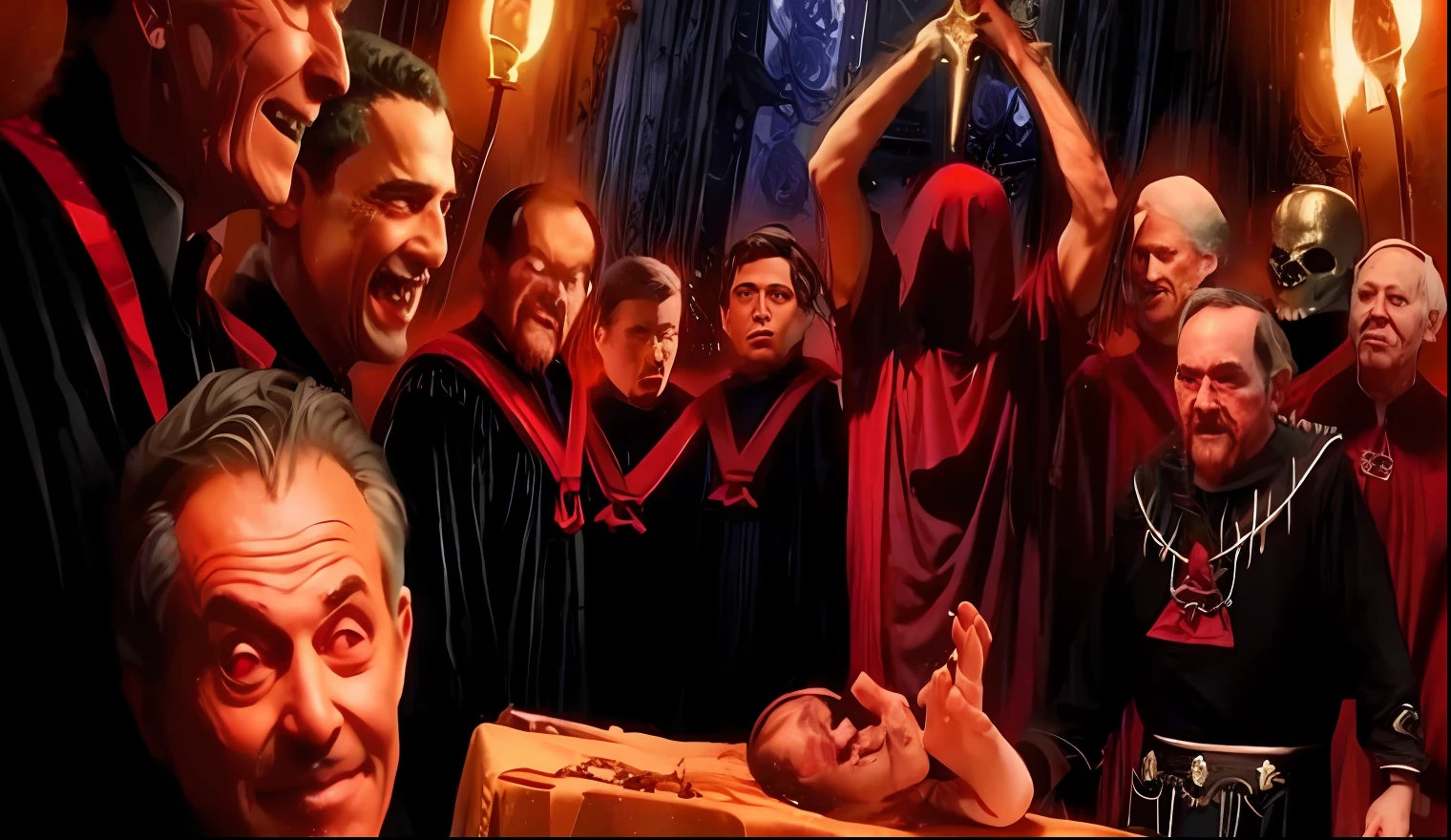 imagem de um grupo de pessoas fantasiadas segurando um bolo, Satanic ritual, scary horrifying satanic rituals, satanismo, Culto ao Cordeiro, vestes vermelhas, satanic body, culto do mal, Satanic States of America, Ritual oculto, Batismo do mal, satanic, vestindo manto vermelho cultista, Anticristo, propaganda oculta, Unholy ceremony