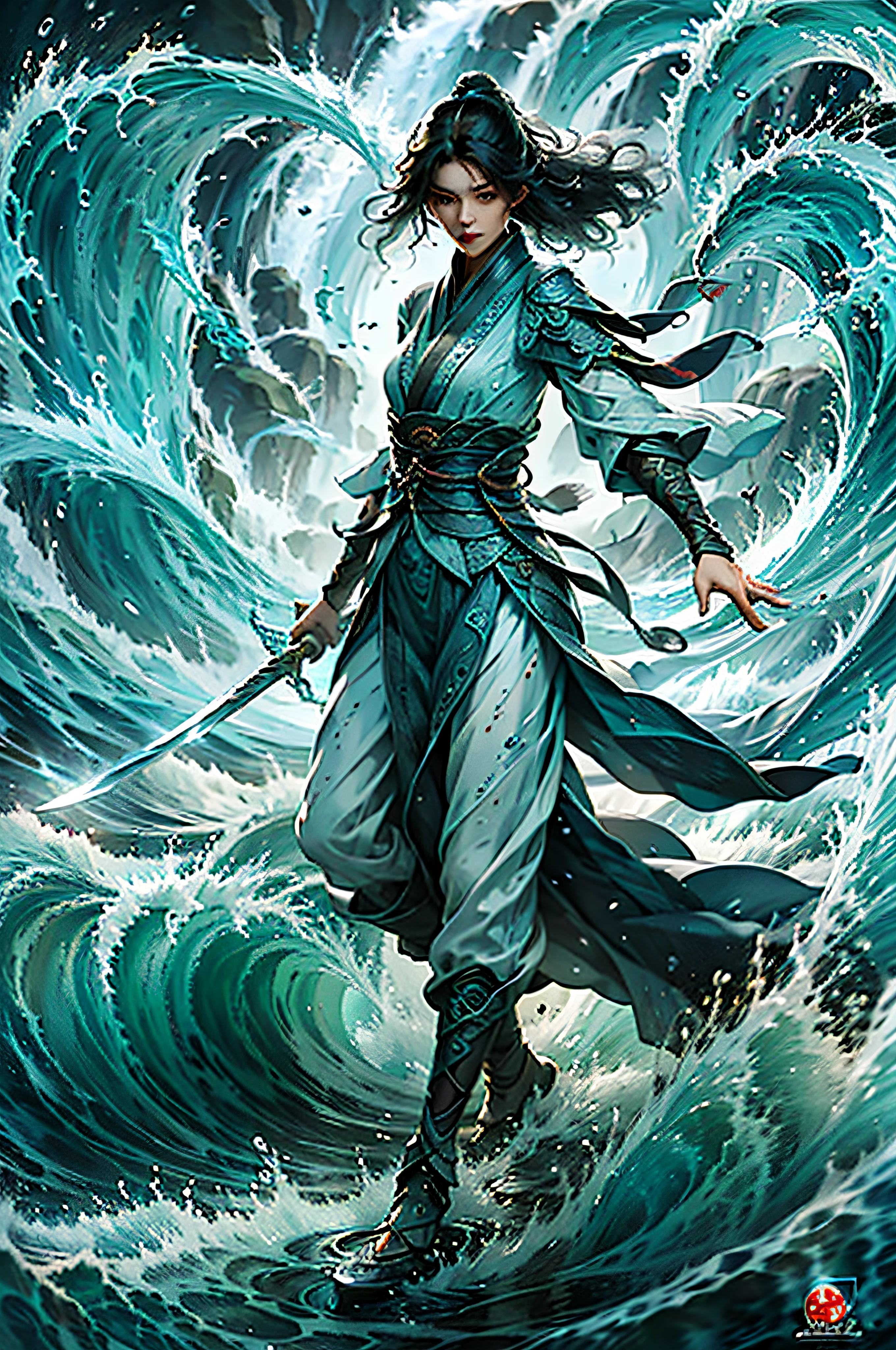 Best quality,masterpiece,ultra high res,,yushuishu,1girl,solo,black hair,water,waves,lips,full body, holding weapon,