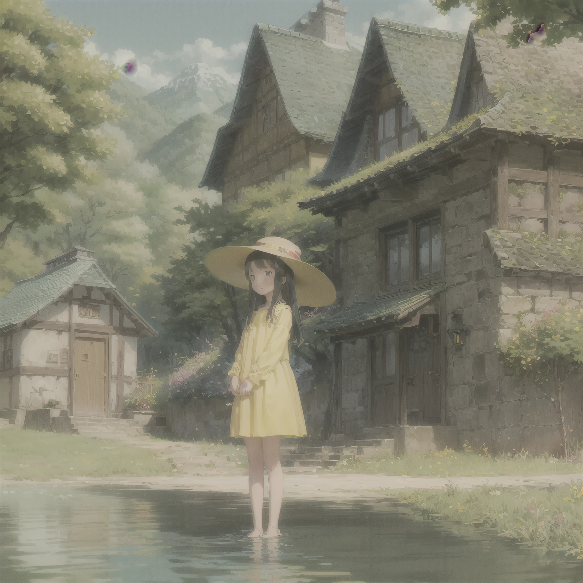 Precision depiction,high-level image quality,(Guibli:1.2),my neighbor totoro,(Girl in a yellow hat:1.5),bus stop,Three-wheeled truck
